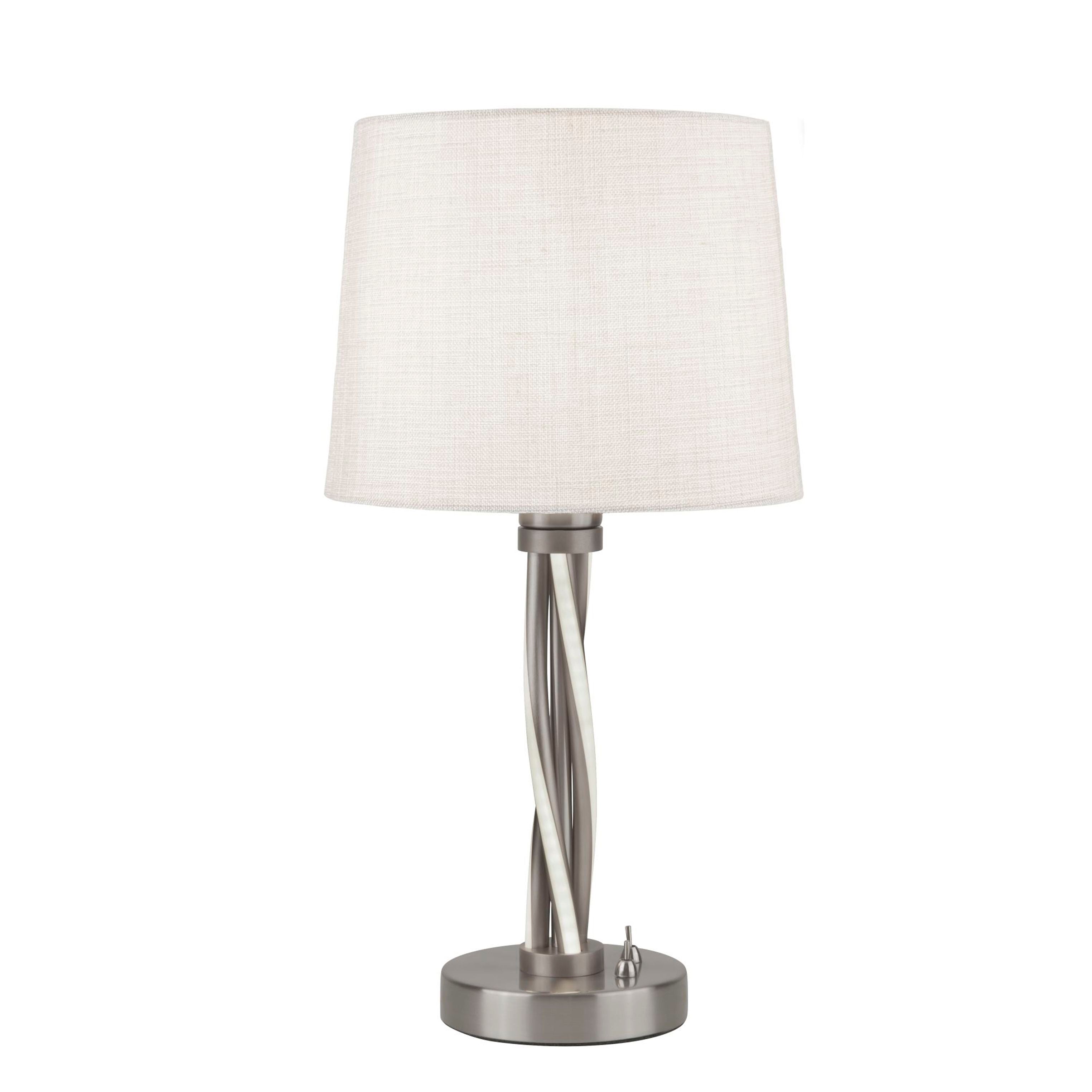Searchlight Vegas table lamp in satin silver with an ivory hessian shade, front view with brighter studio lighting