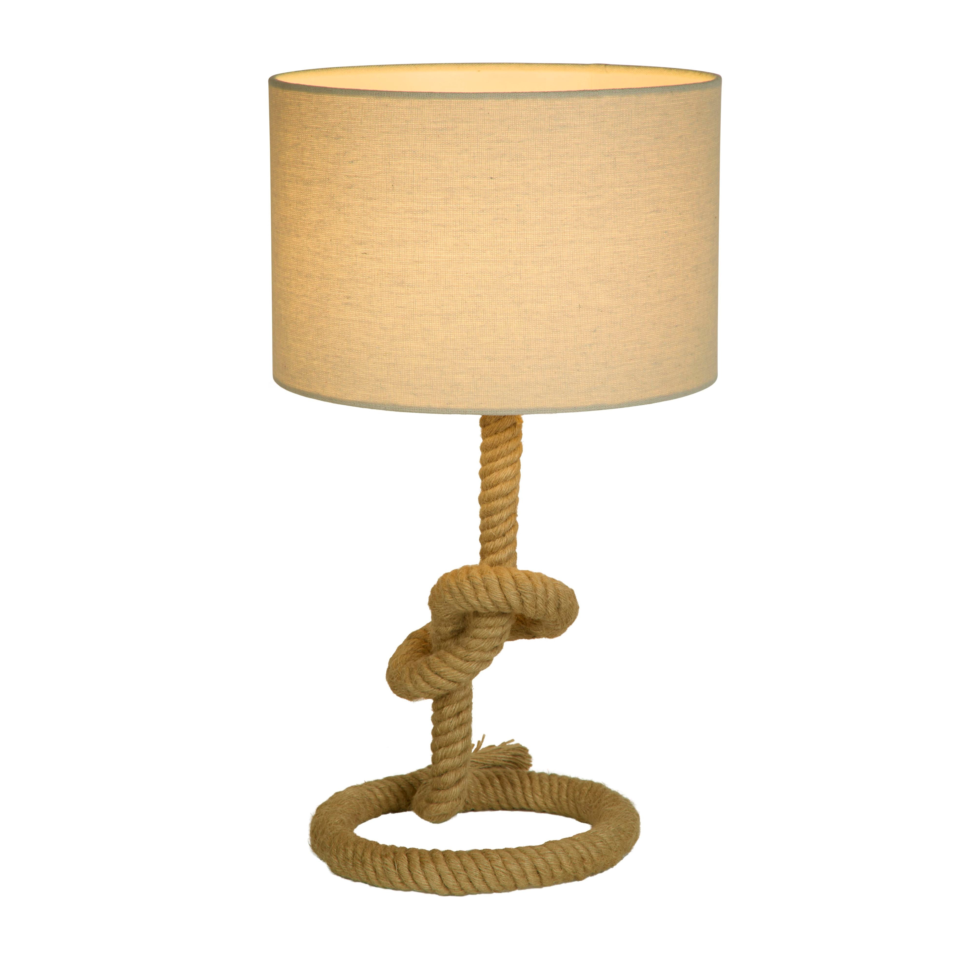 Searchlight Rope table lamp with oatmeal linen shade and knotted rope base, front view on a white background