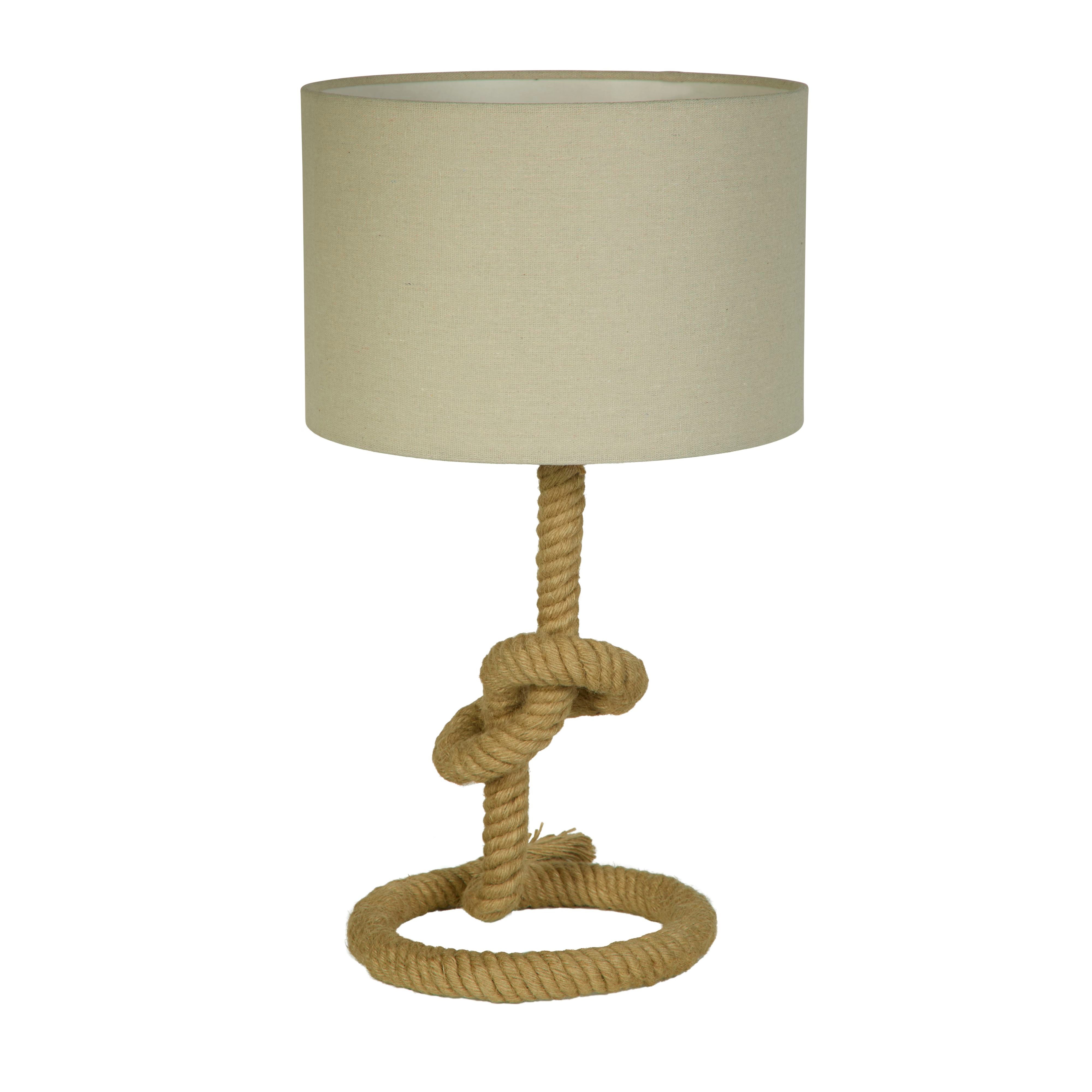 Searchlight Rope table lamp with oatmeal linen shade and knotted rope base, alternate front angle on a white background