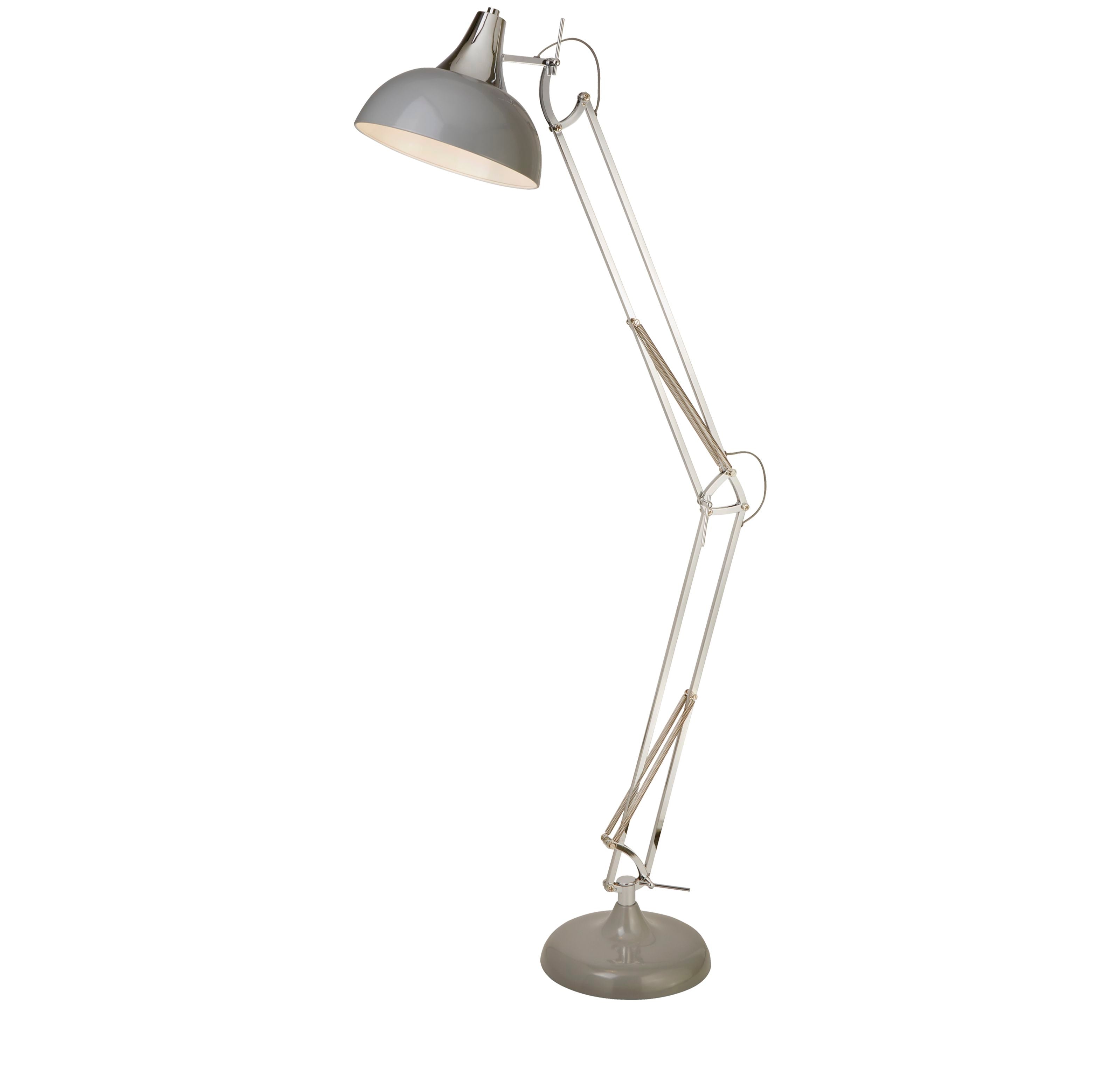 Searchlight Goliath Task Lamp in chrome and grey, angled studio shot showing the full height adjustable arm and domed shade