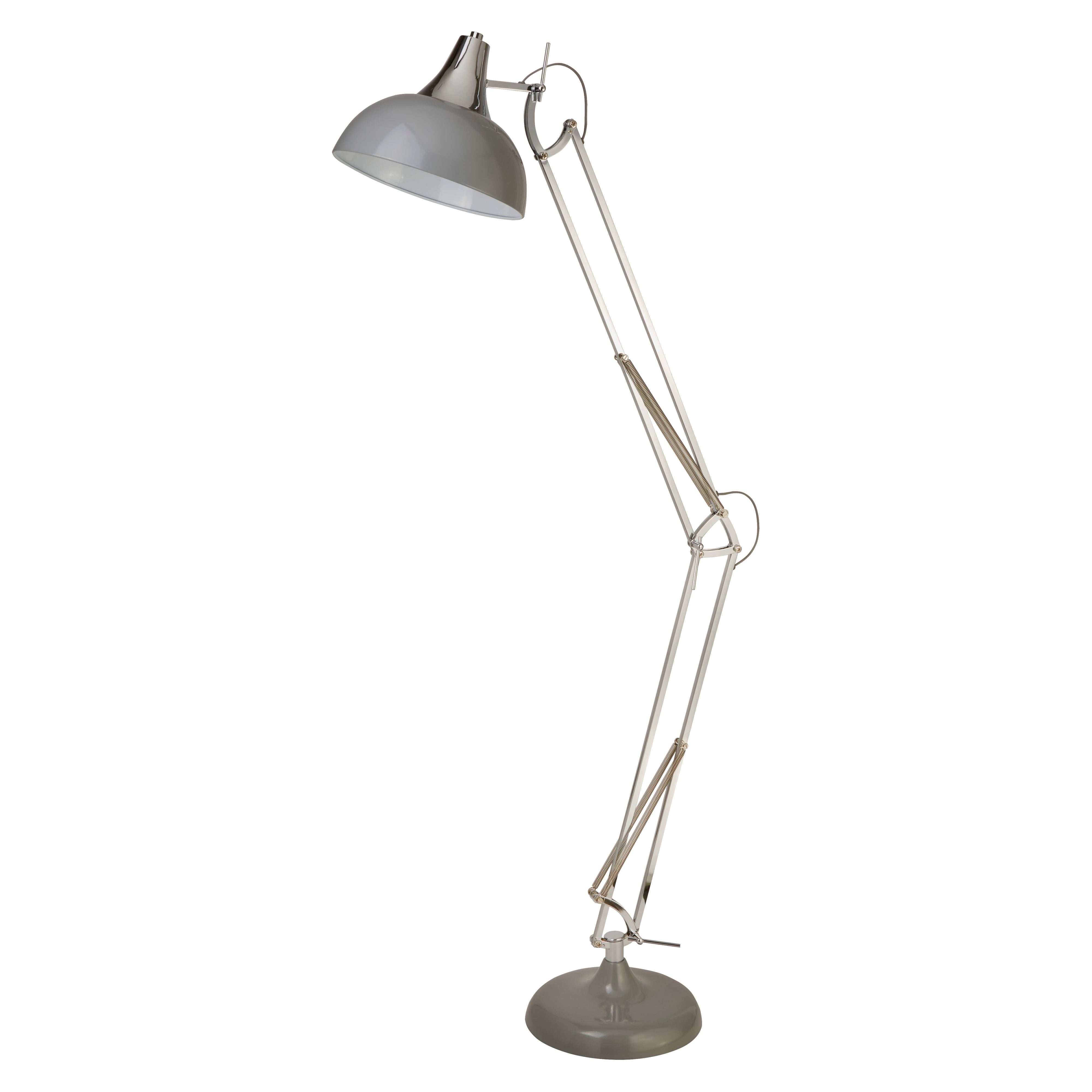 Searchlight Goliath Task Lamp in chrome and grey, front facing studio shot on a white background