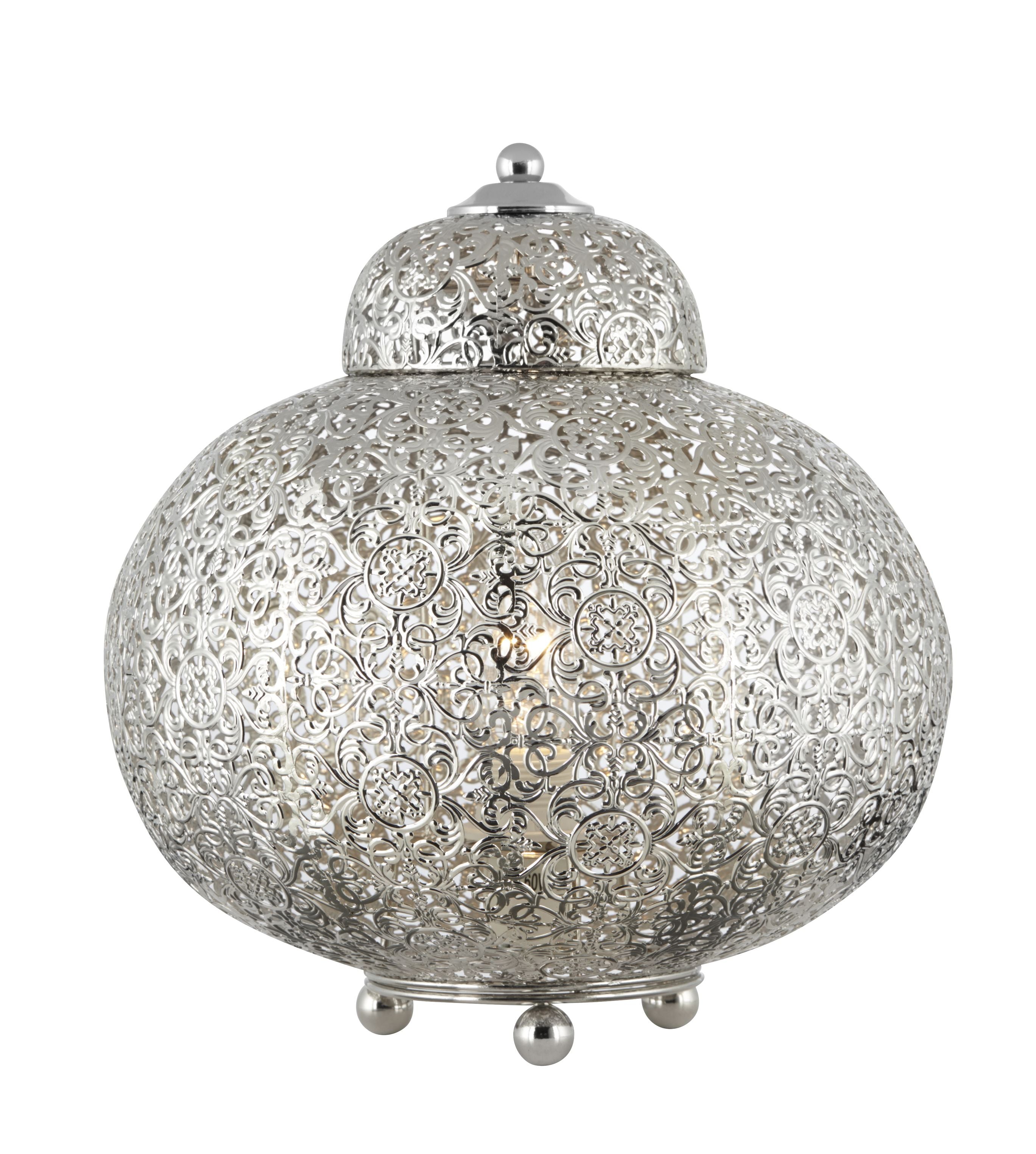 Searchlight Fretwork table lamp in nickel, lit on a white background showing the domed pierced lantern shape and ball feet