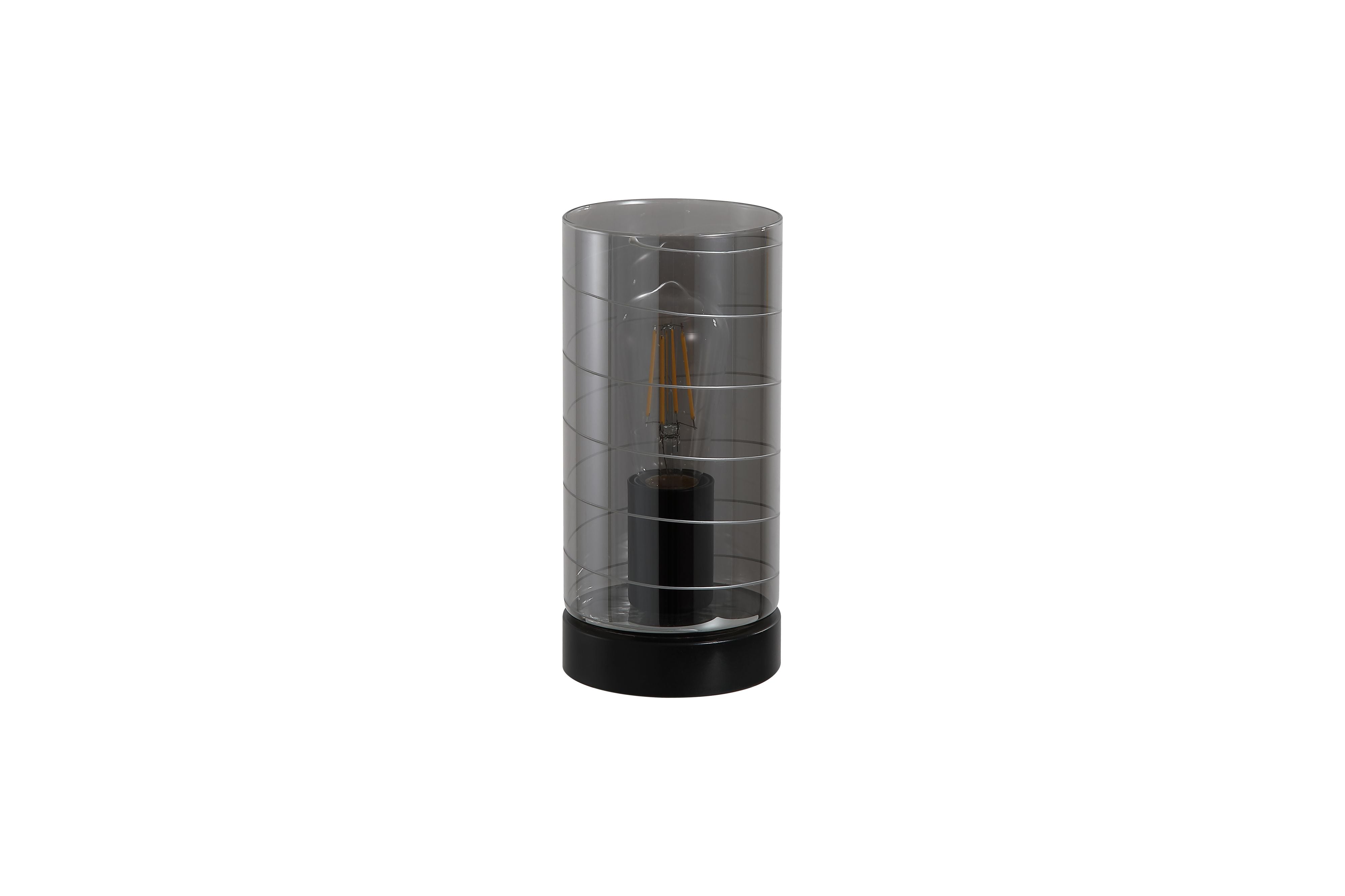 Broughton table lamp in smoked glass, alternate studio angle showing the black base and glowing filament bulb through the tinted glass