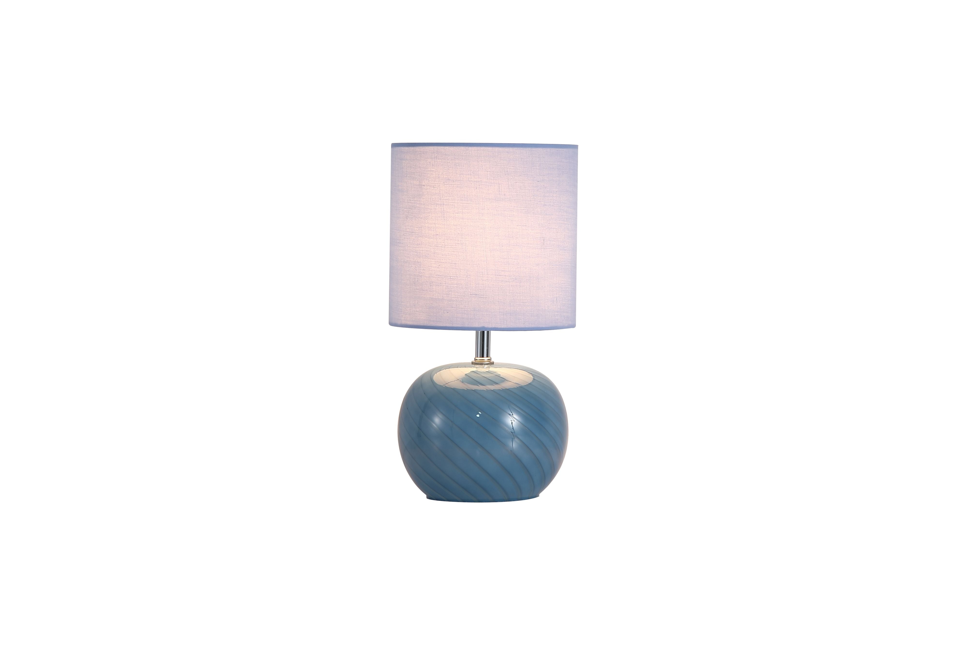Searchlight Fete table lamp with blue swirled glass base and blue linen drum shade, studio shot on white background