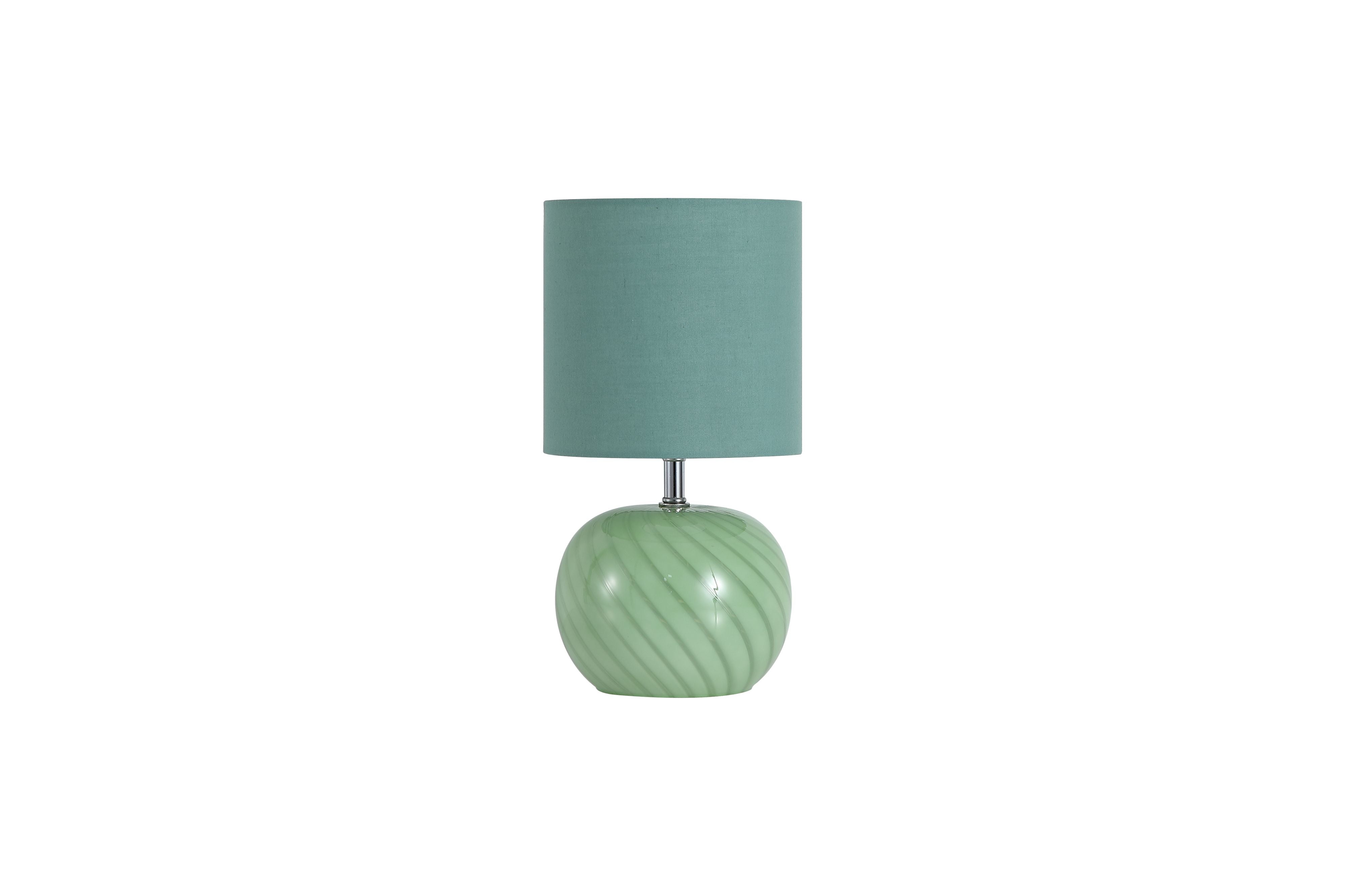 Close up of the Fete lamp's green linen drum shade, showing the woven fabric texture