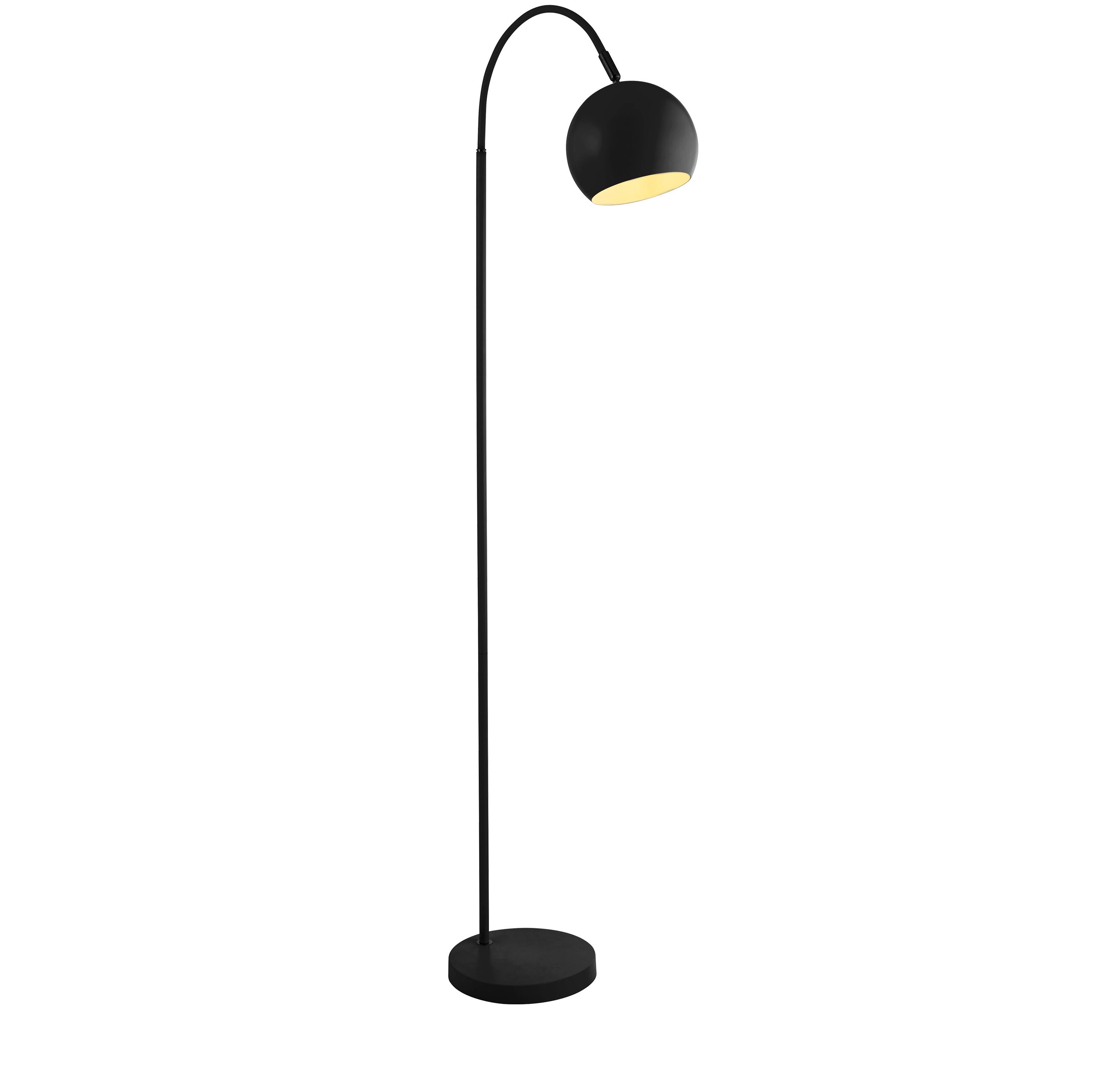 Searchlight Calumn Floor Lamp in matt black, studio shot showing the curved arm and globe shade
