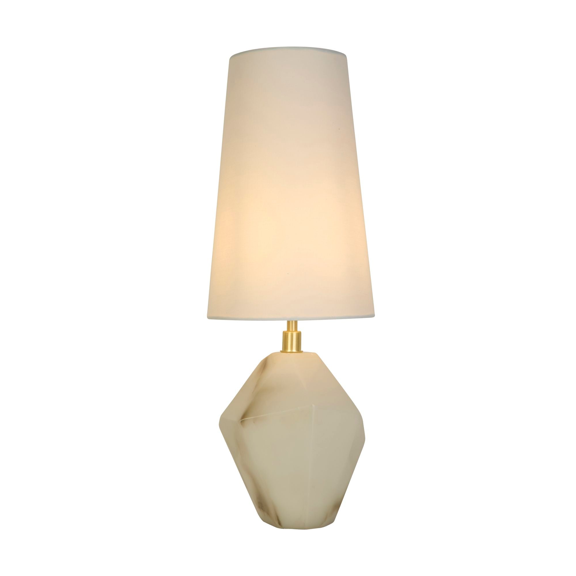 Searchlight Apex table lamp with faceted white marbled resin base, satin brass neck and white tapered shade, studio front view