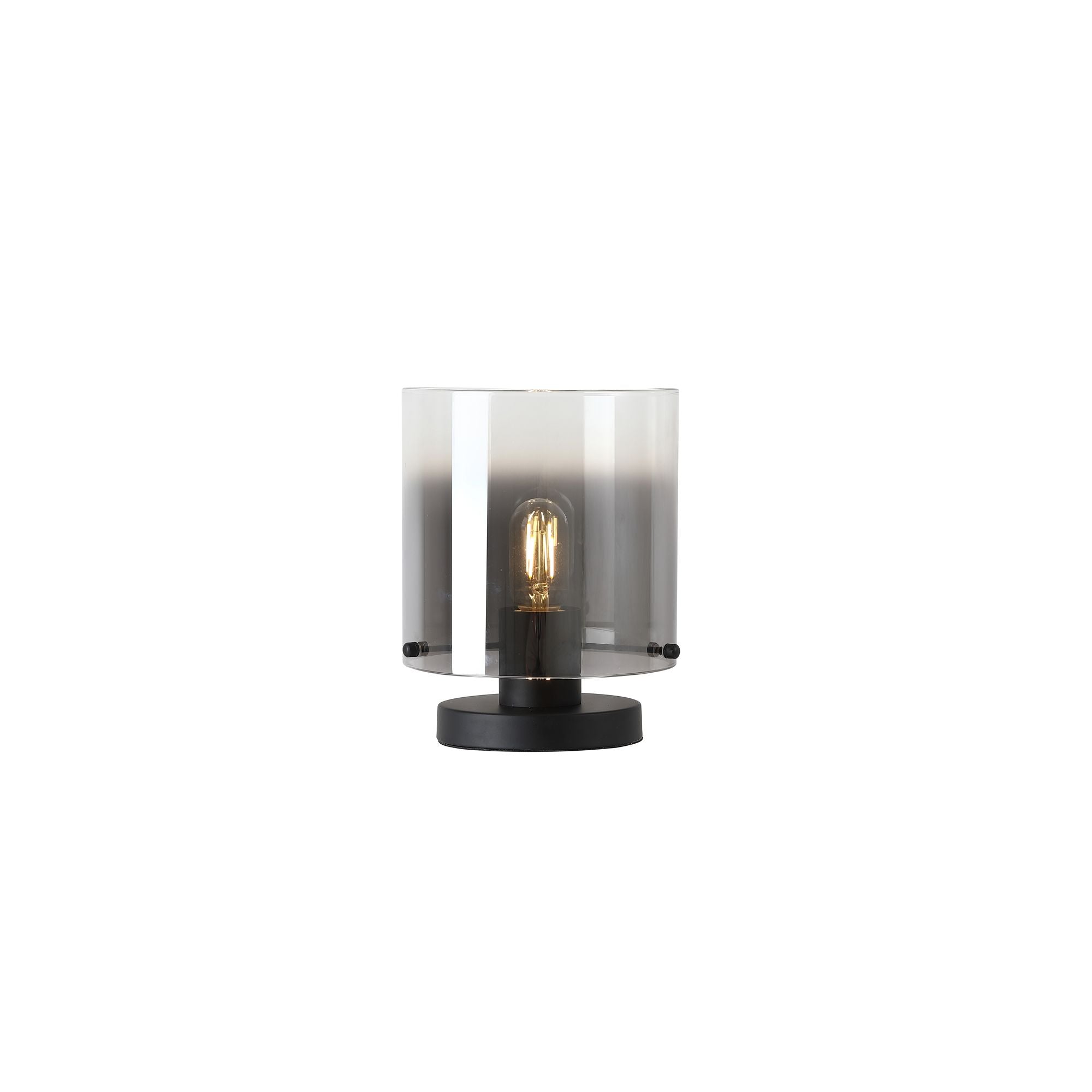 Searchlight Sweden 1 Light Table Lamp in matt black metal with a smoked ombre glass shade, studio shot on a white background