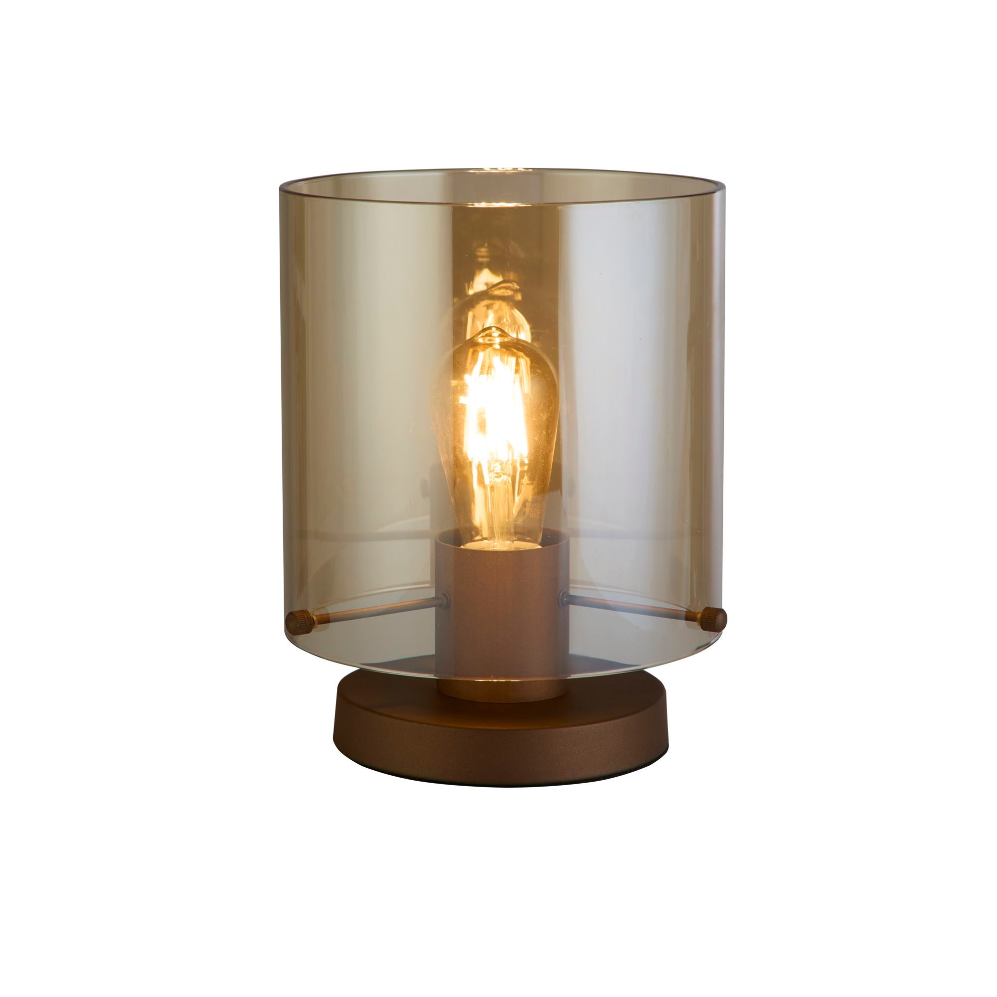 Searchlight Sweden 1 Light Table Lamp in mocha metal with an amber glass shade, studio shot on a white background