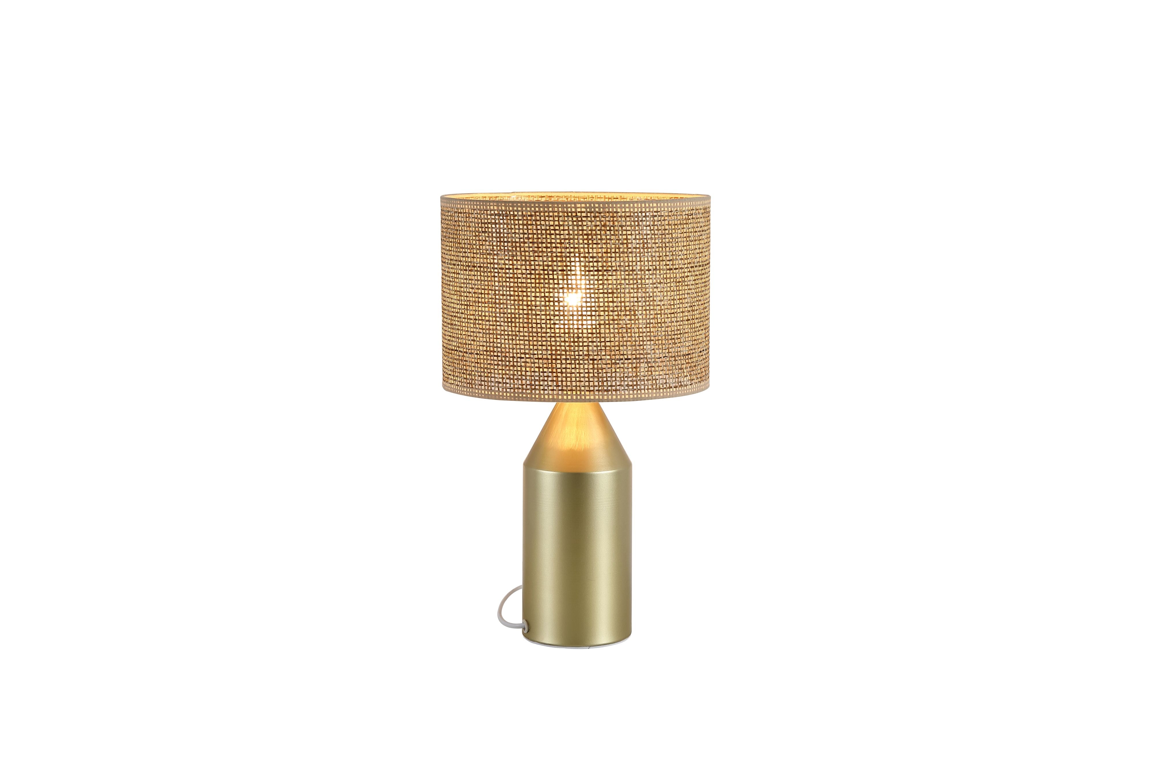 Searchlight Pheobe table lamp in gold with a woven rattan drum shade, studio shot on a white background, lit