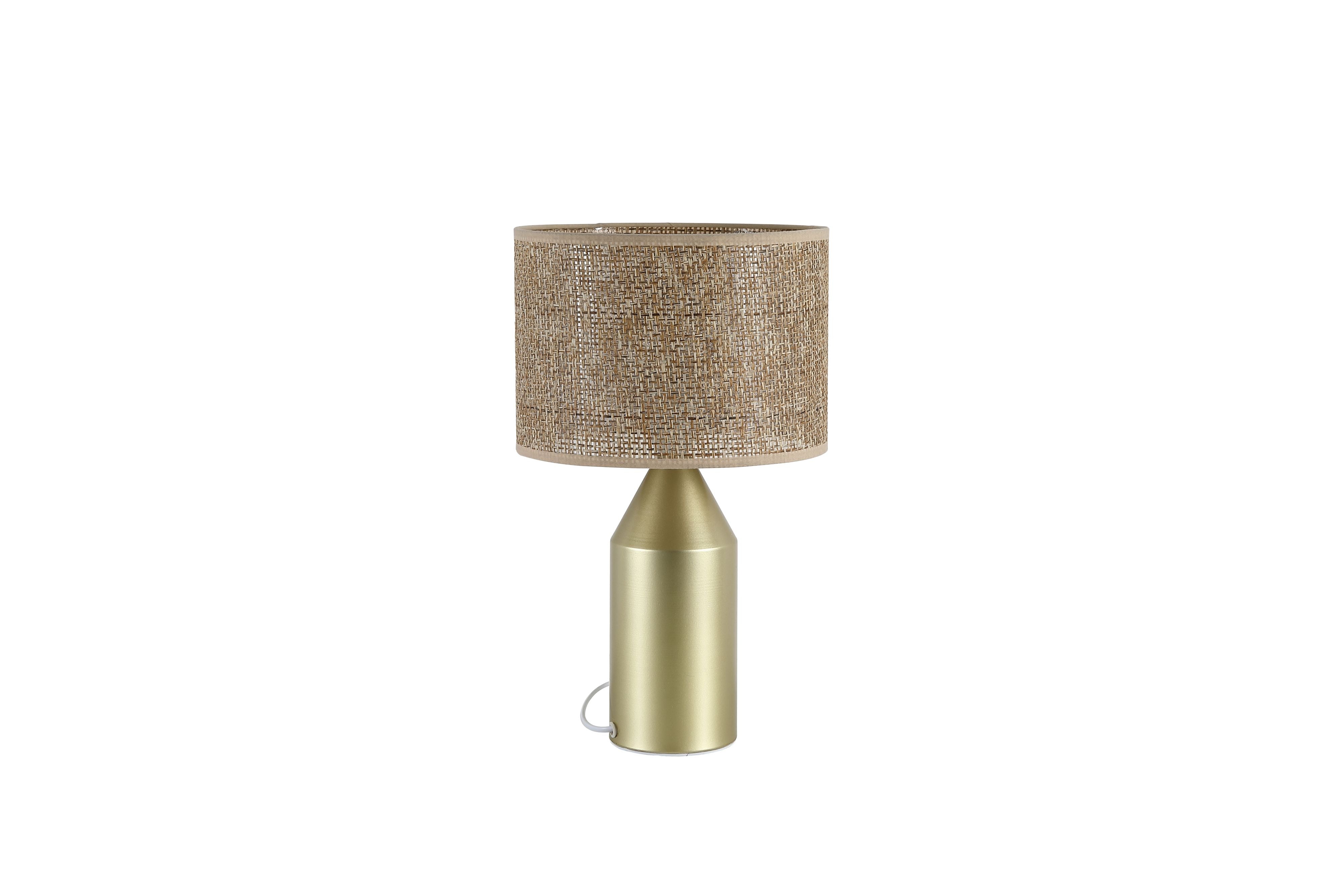 Searchlight Pheobe table lamp in gold with a woven rattan drum shade, front view on a white background, lit