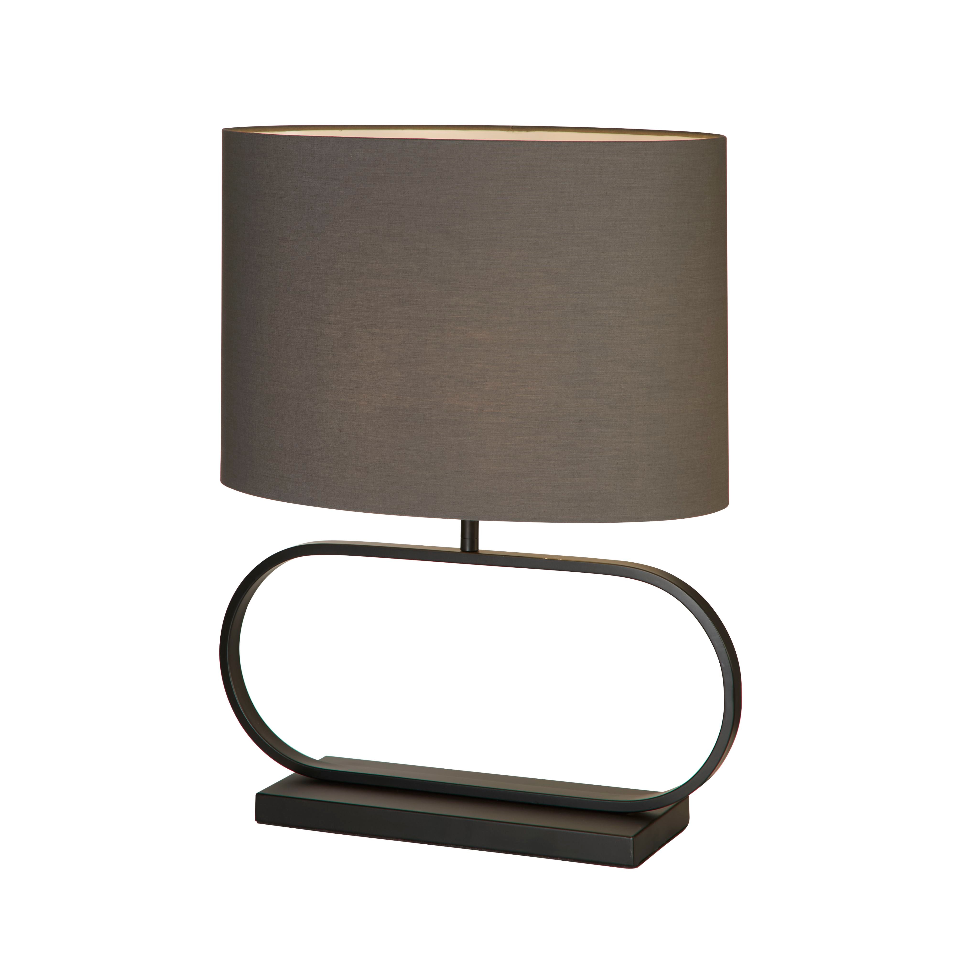 Searchlight Sleek table lamp with a grey shade, angled studio shot showing the oval grey cotton shade and matte black oval metal base.