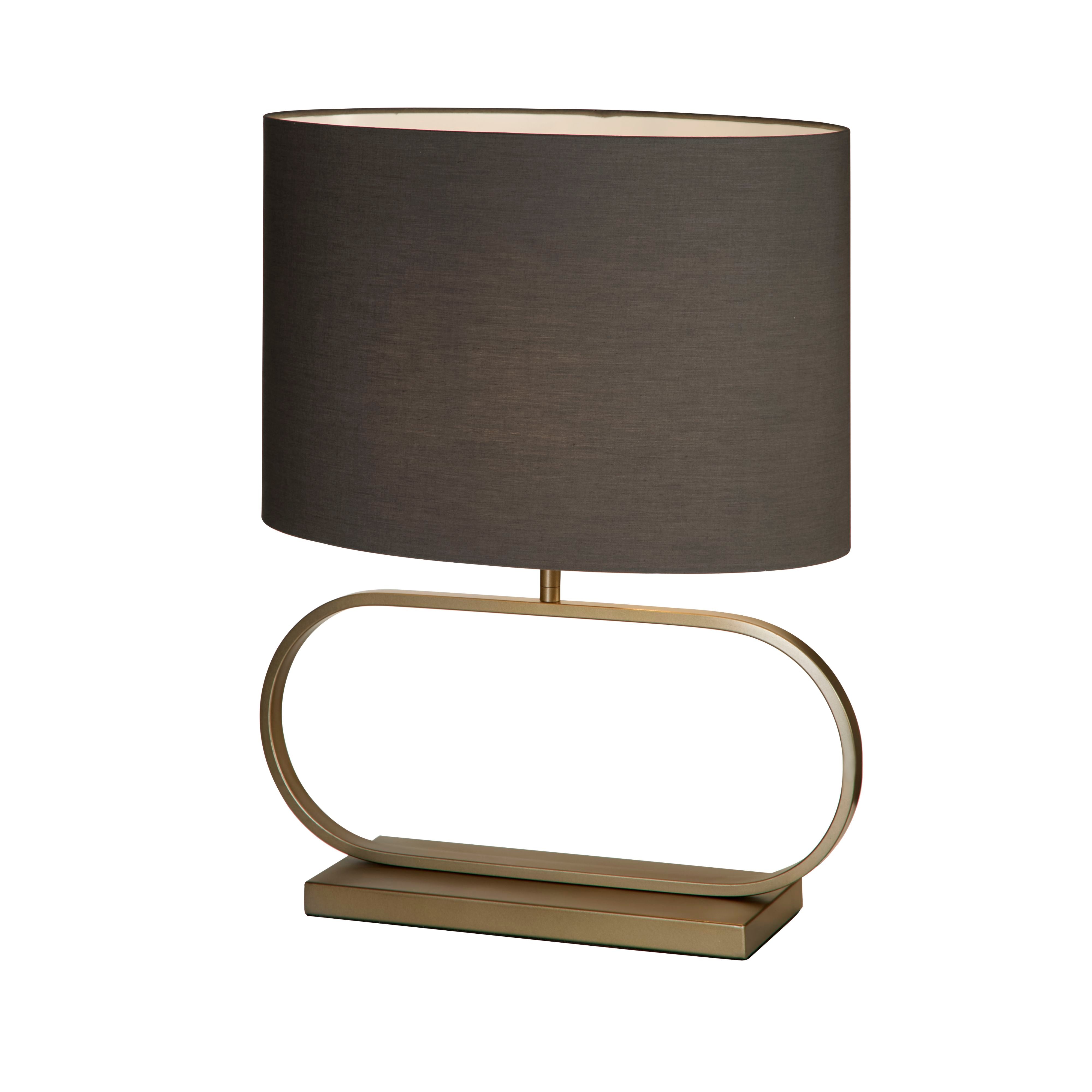 Searchlight Sleek table lamp in bronze with a grey shade, angled studio shot showing the oval grey cotton shade and bronze metal oval base.