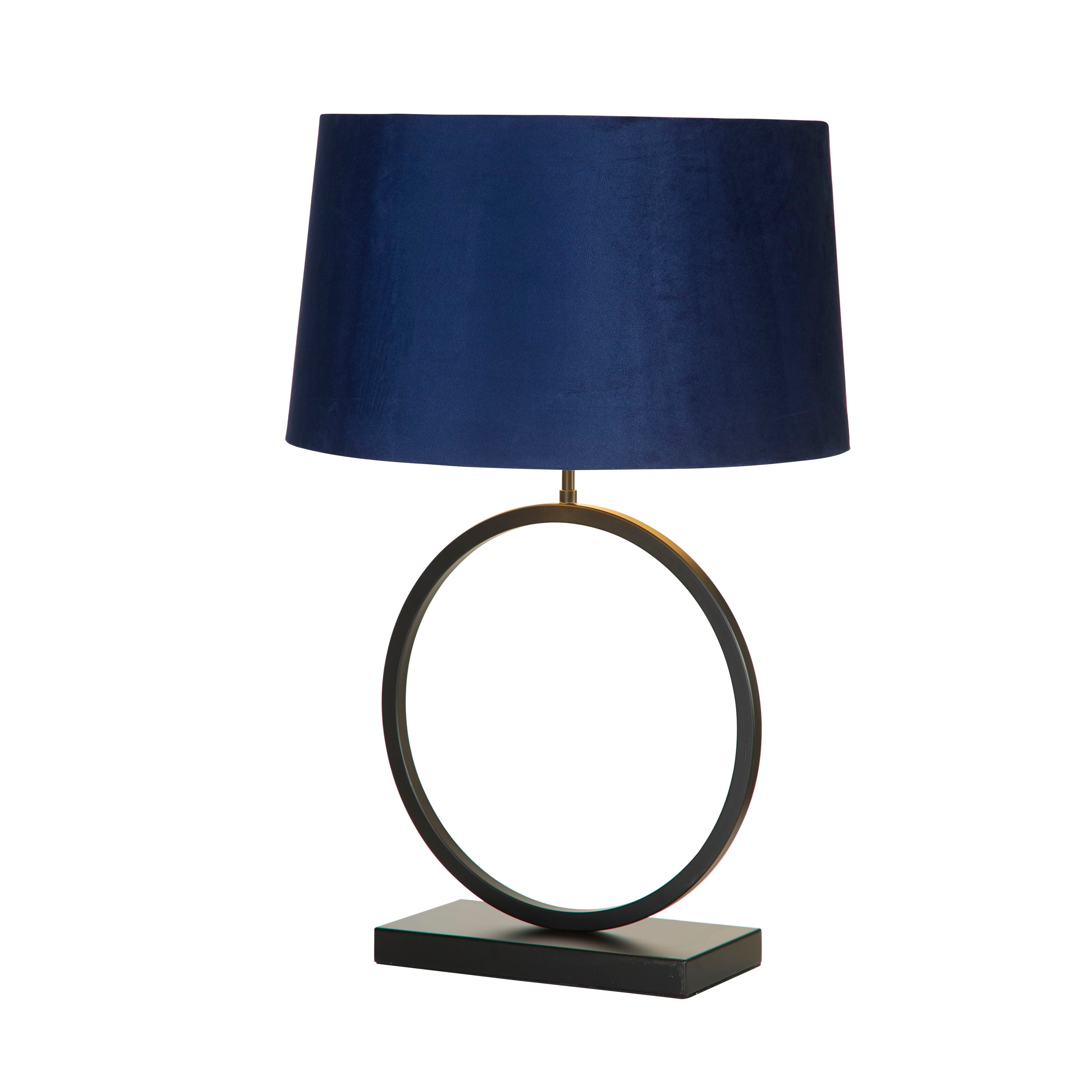 Searchlight Elegant Table Lamp in matt black with a navy velvet shade, studio shot on a white background showing the circular ring base and tapered shade