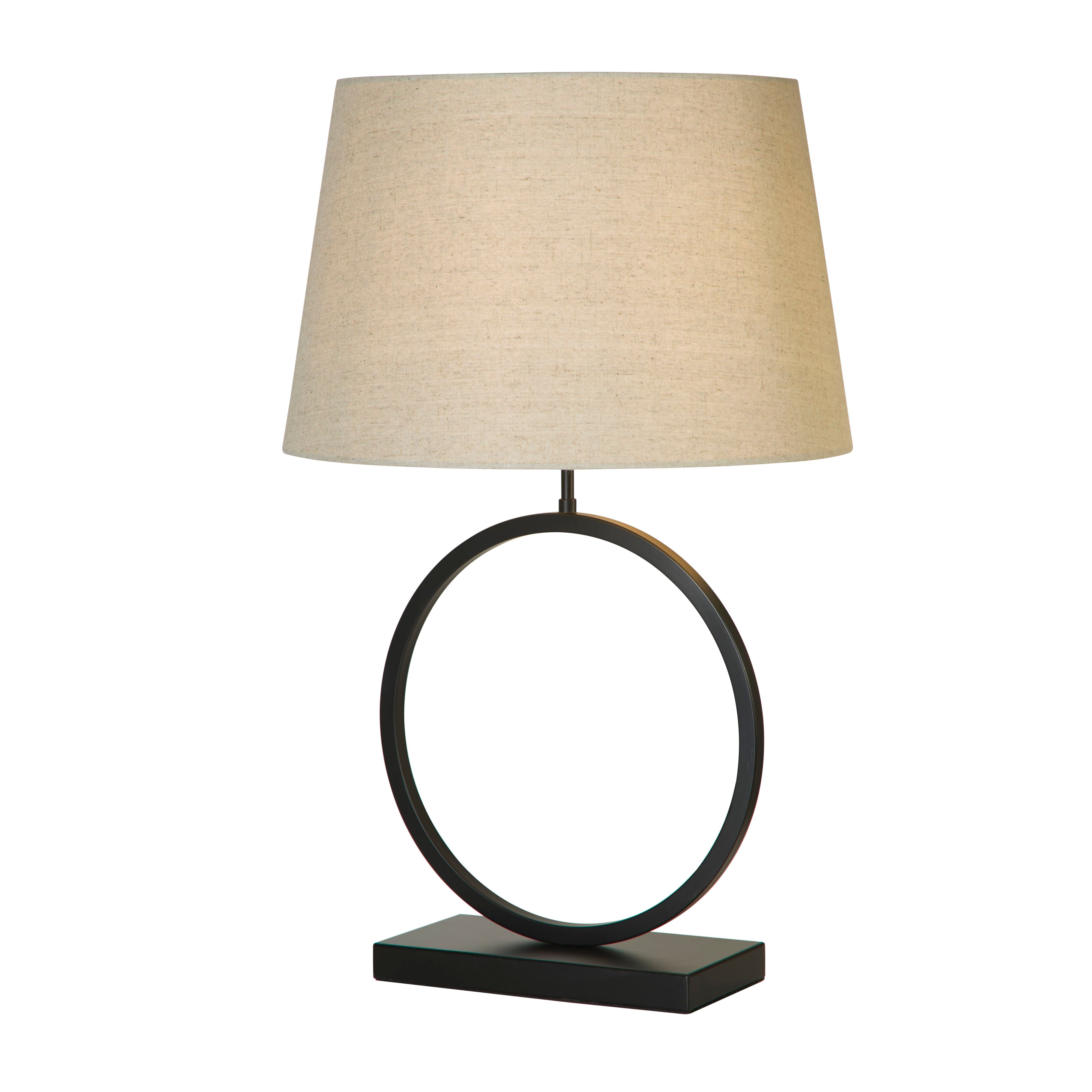 Searchlight Elegant Table Lamp in matt black with a natural linen shade, studio shot on a white background showing the circular ring base and tapered shade