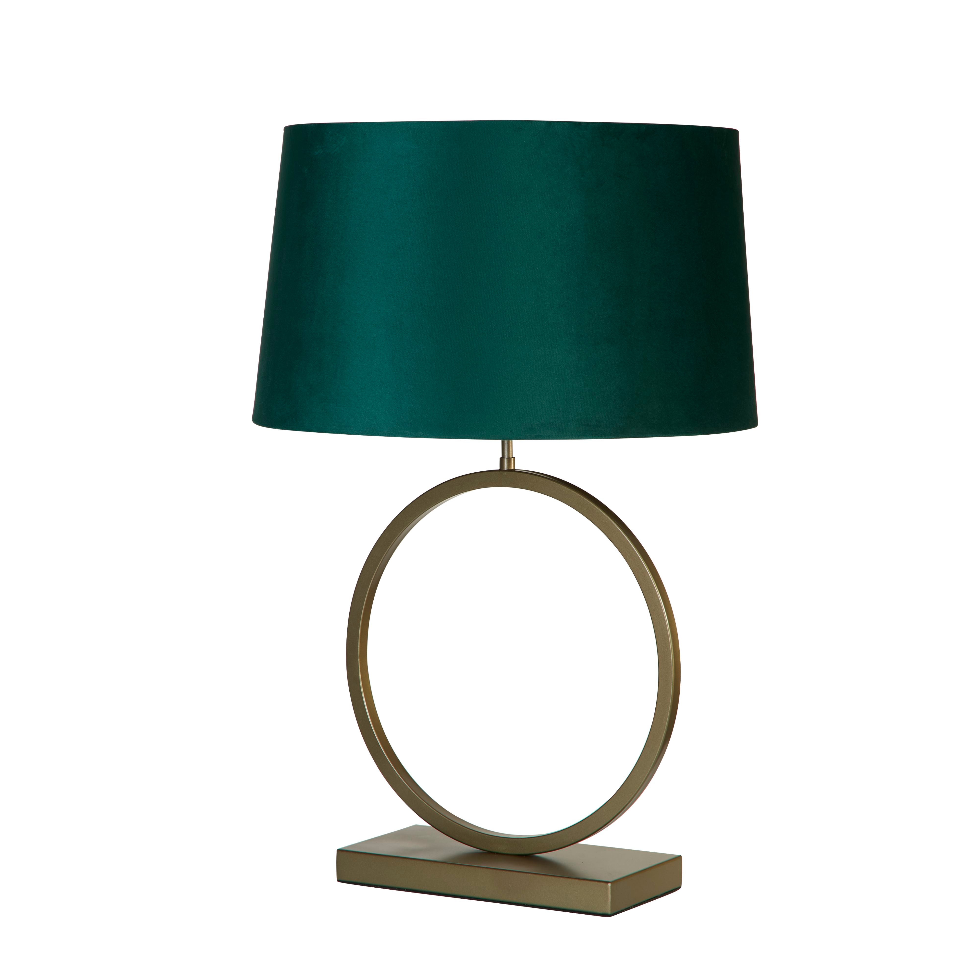 Searchlight Elegant table lamp in bronze with an emerald velvet tapered shade, studio shot on a white background, slightly angled view