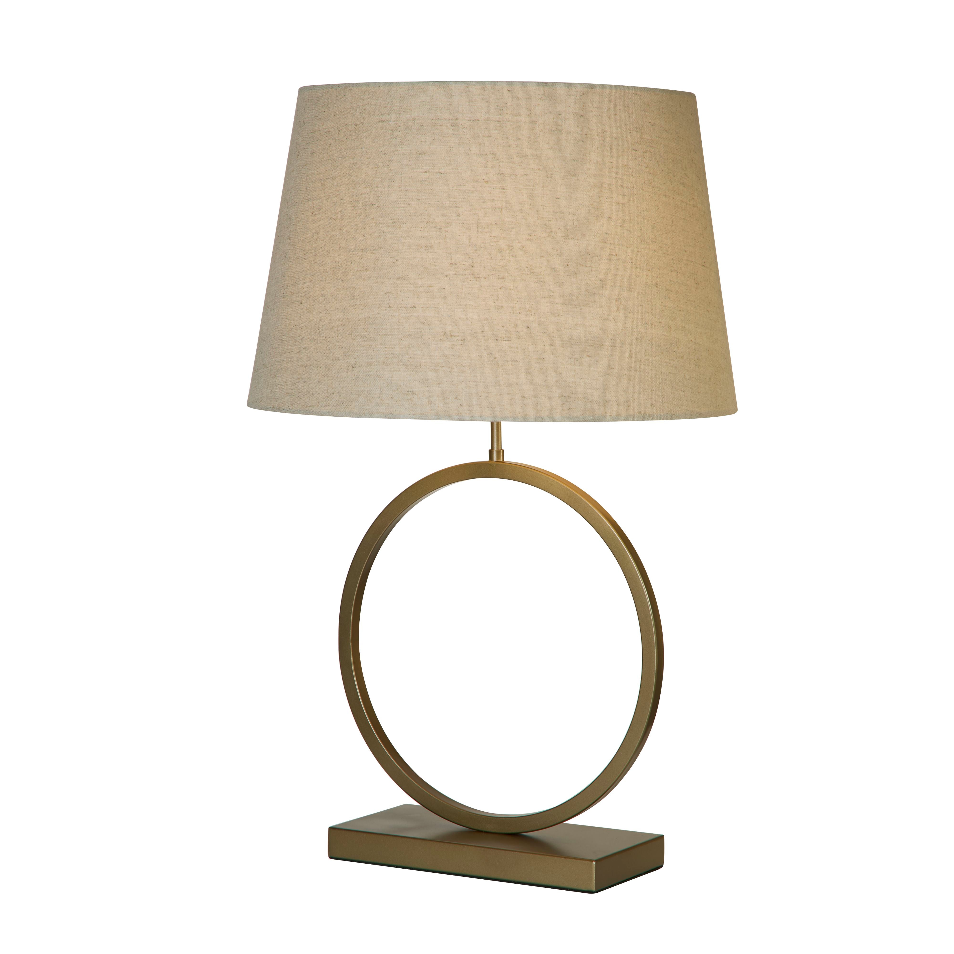 Searchlight Elegant table lamp in bronze with a natural linen tapered shade, studio shot on a white background, front view