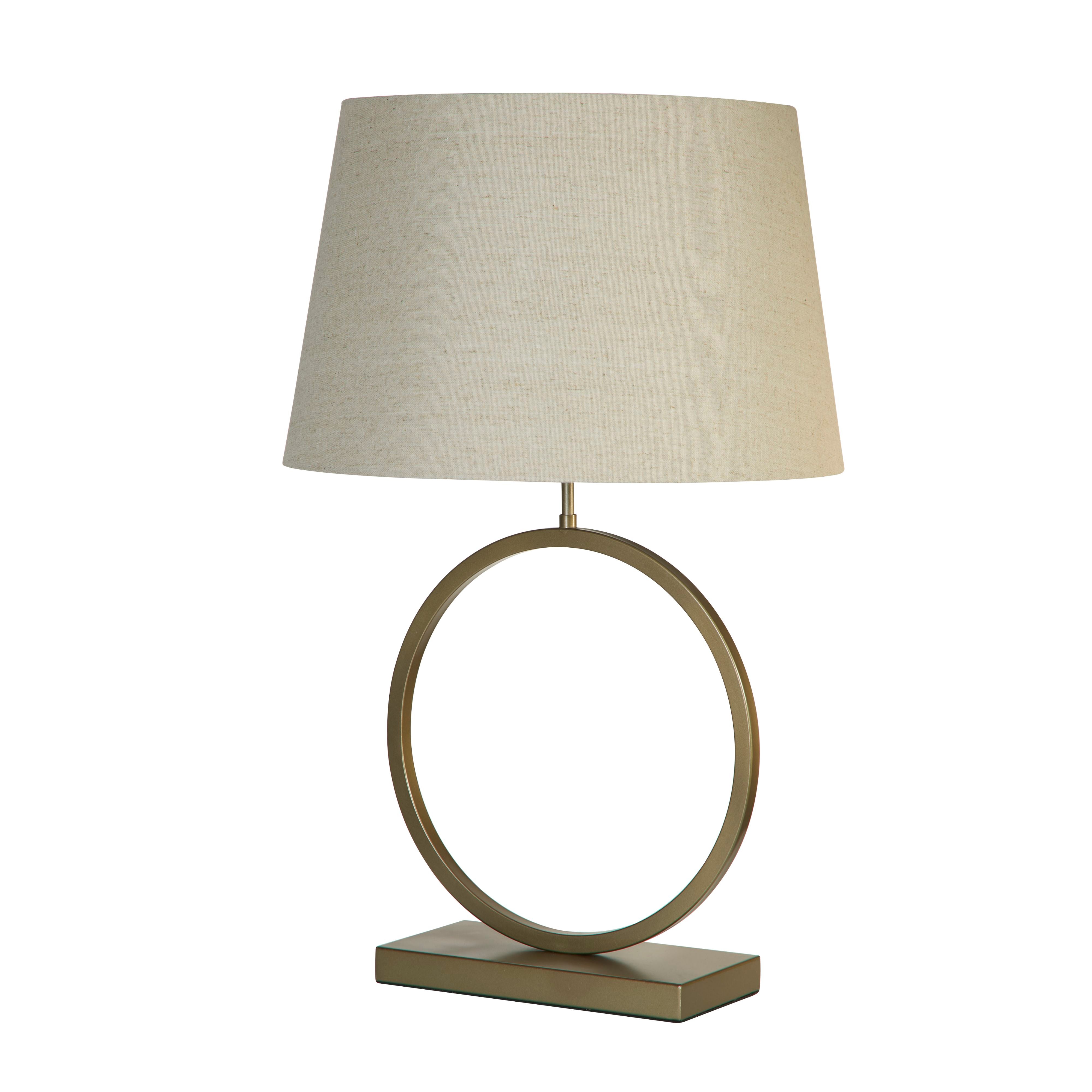 Searchlight Elegant table lamp in bronze with a natural linen tapered shade, studio shot on a white background, slightly angled view