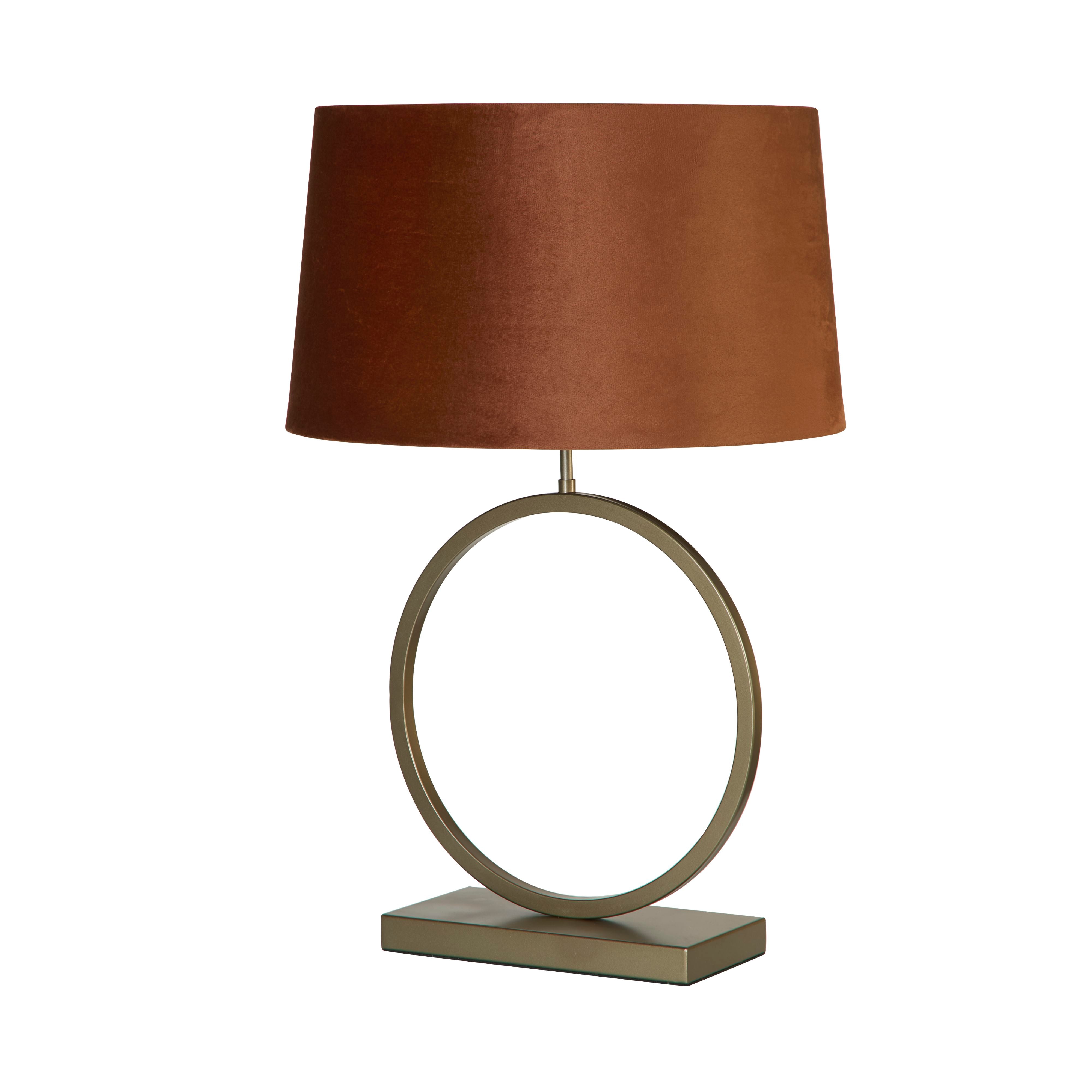 Searchlight Elegant table lamp in bronze with a burnt orange velvet tapered shade, studio shot on a white background, slightly angled view