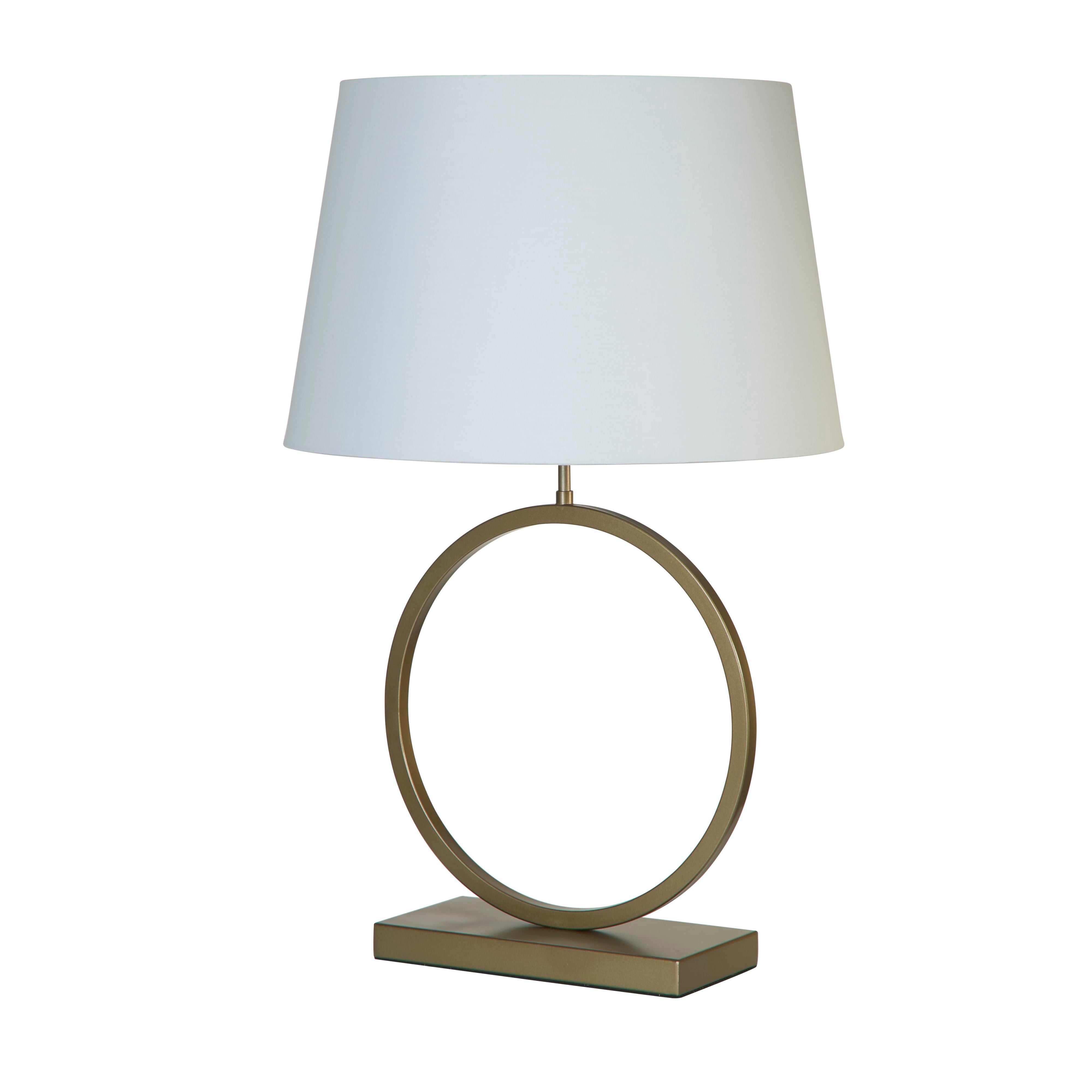 Searchlight Elegant table lamp in bronze with a white cotton tapered shade, studio shot on a white background, slightly angled view