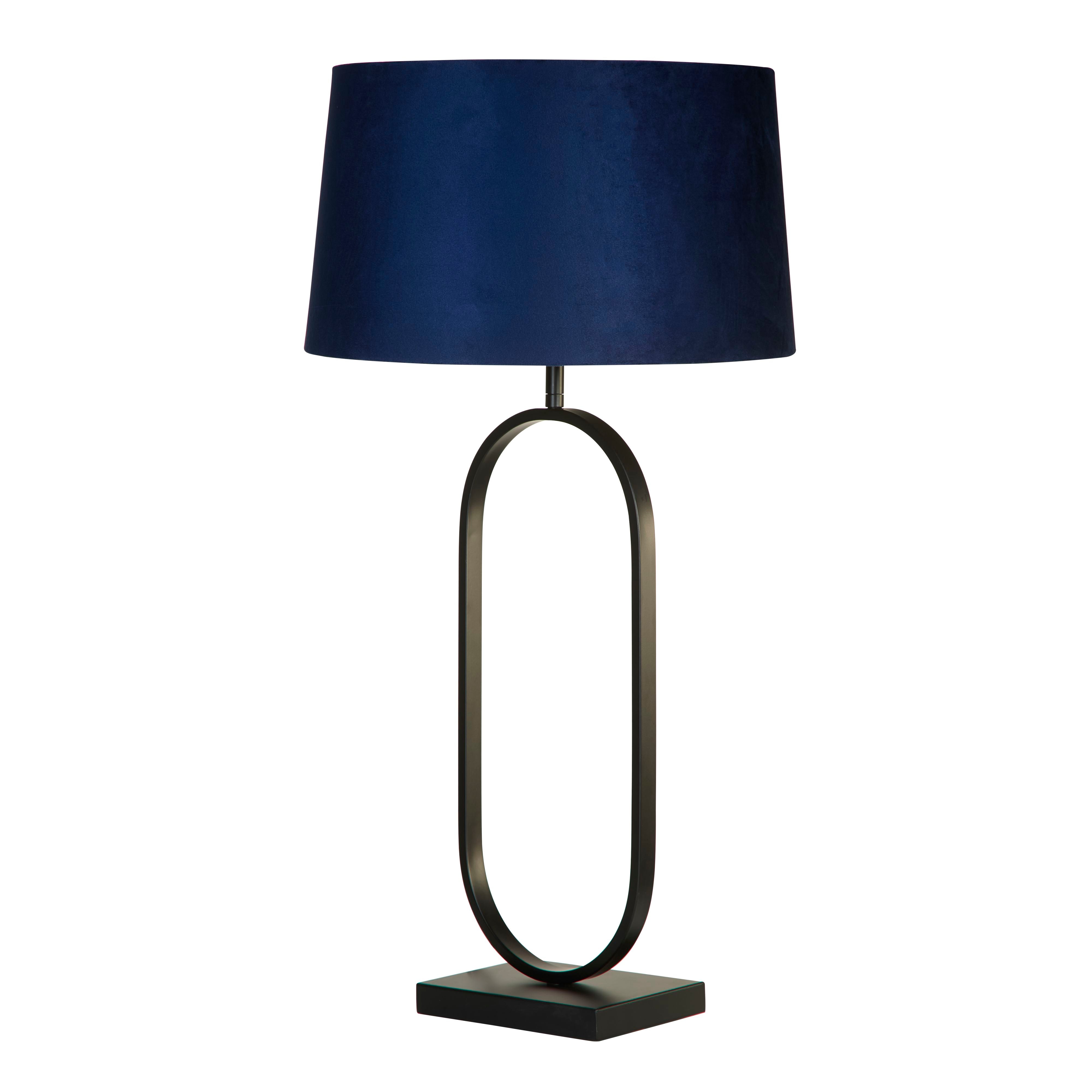 Searchlight Modish table lamp in matt black with a navy velvet shade, alternate angle studio shot on a white background.
