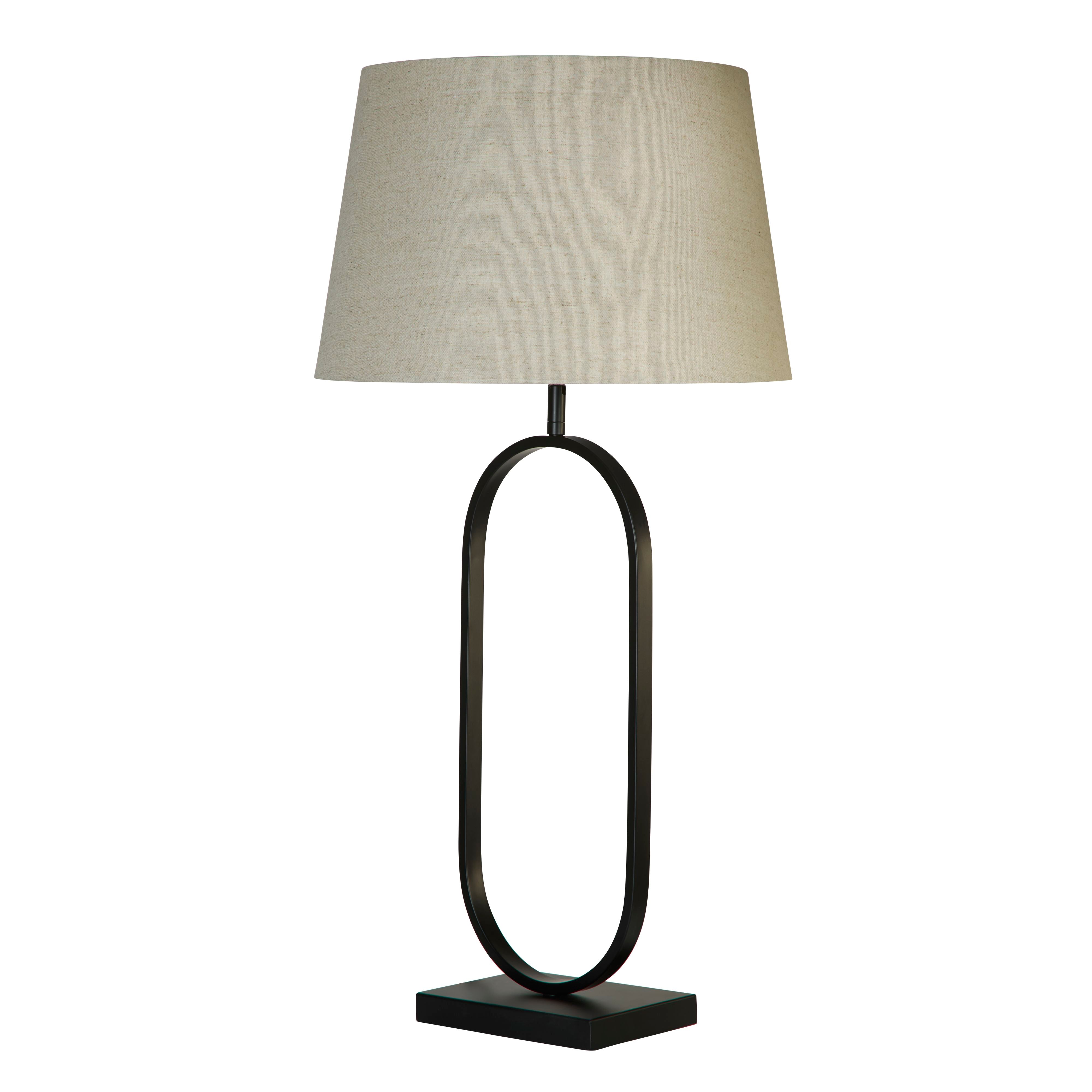 Searchlight Modish table lamp in matt black metal with a natural linen shade, second studio view