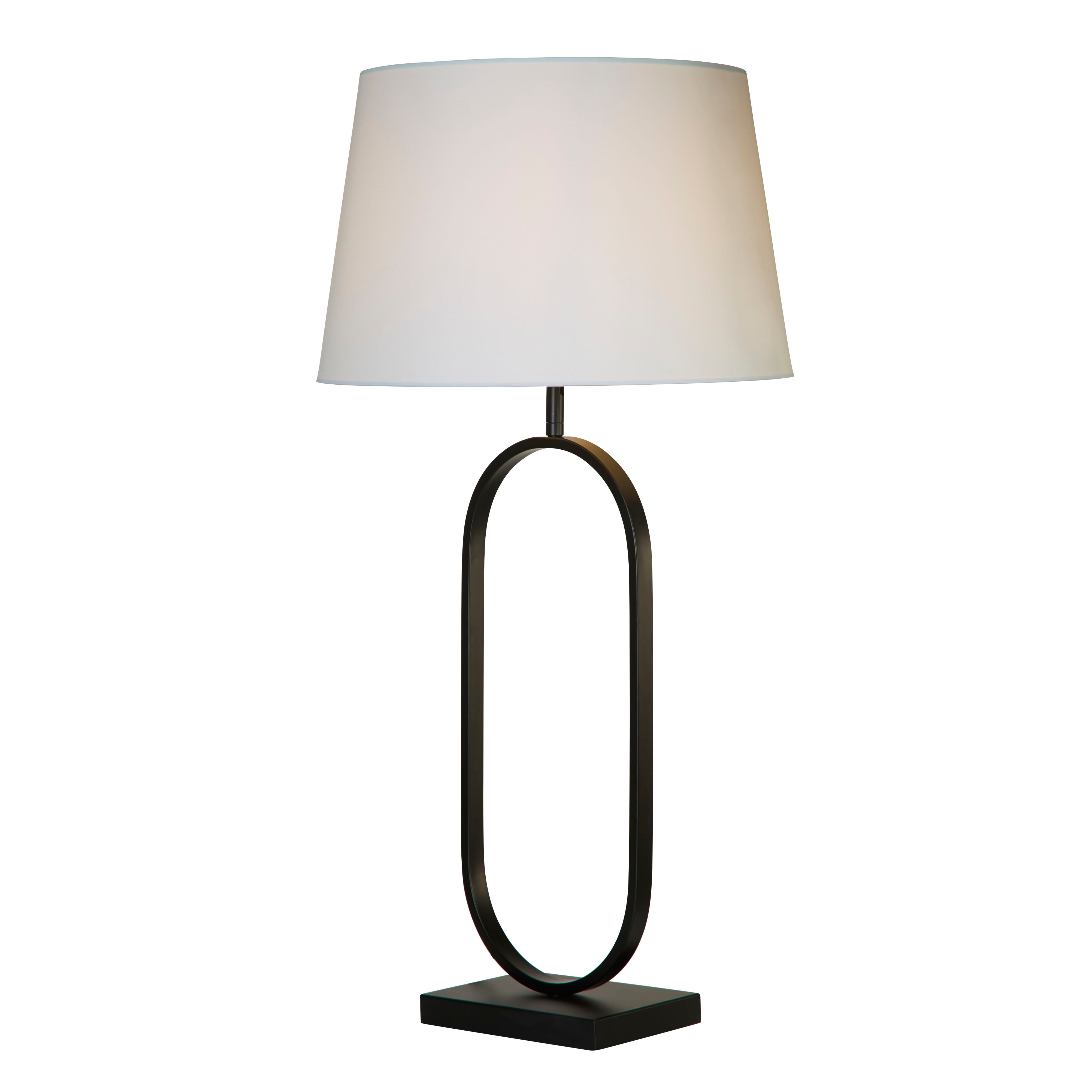 Searchlight Modish table lamp in matt black metal with a white cotton shade, studio shot on a white background