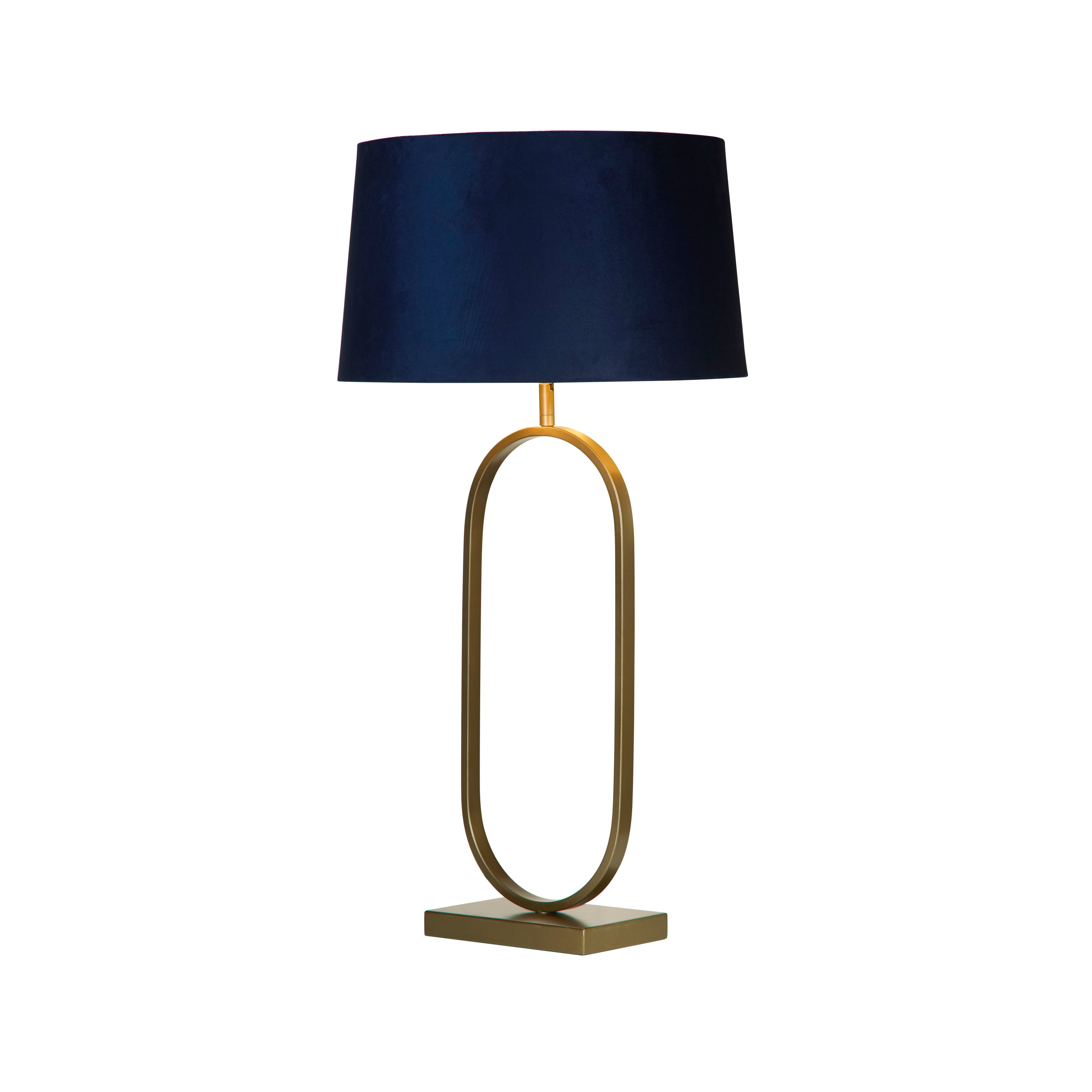 Searchlight Modish table lamp in a bronze finish with a navy velvet shade, studio shot on a white background