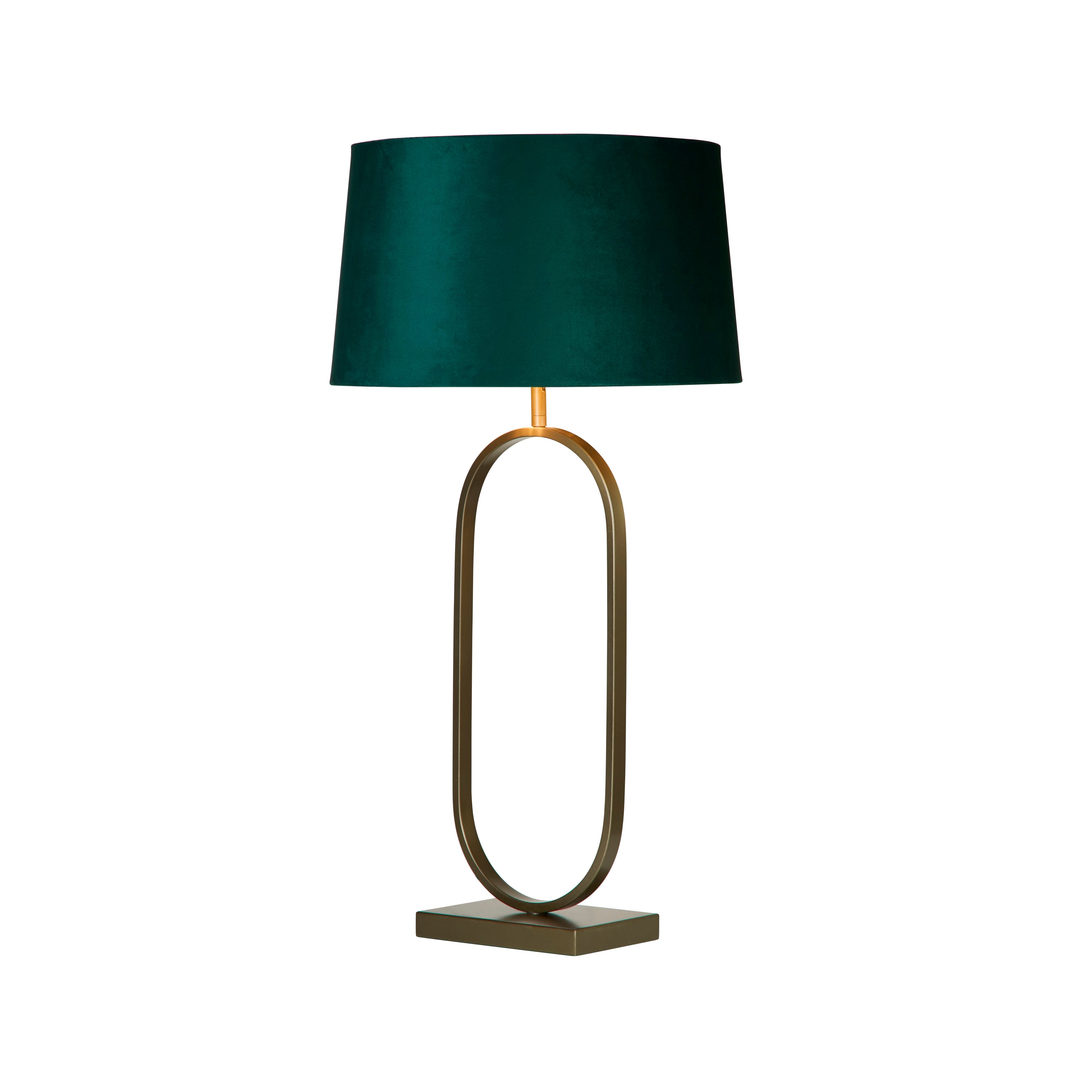 Searchlight Modish table lamp in a bronze finish with a tapered emerald velvet shade, photographed straight on against a plain white background