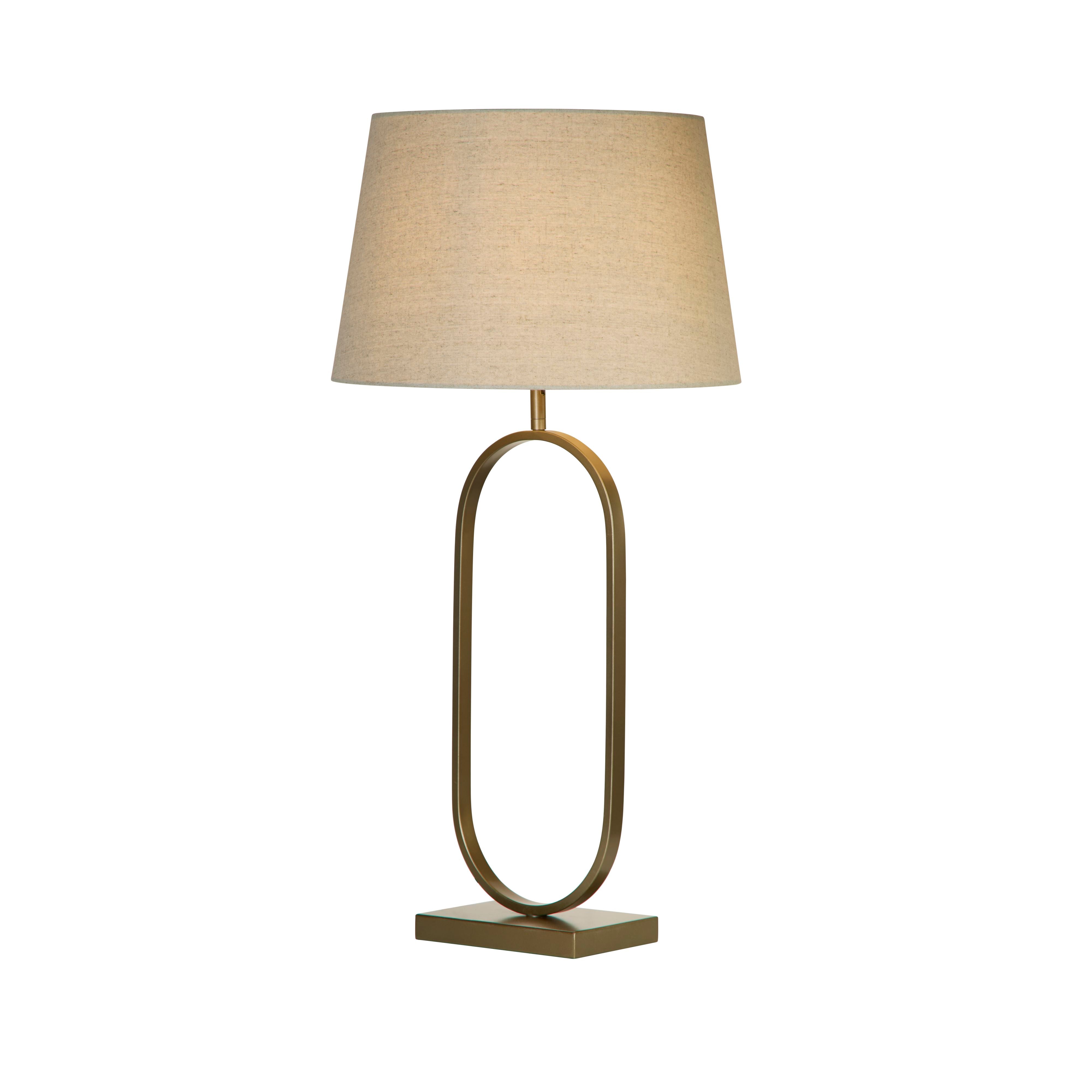 Searchlight Modish table lamp in a bronze finish with a tapered natural linen shade, photographed straight on against a plain white background