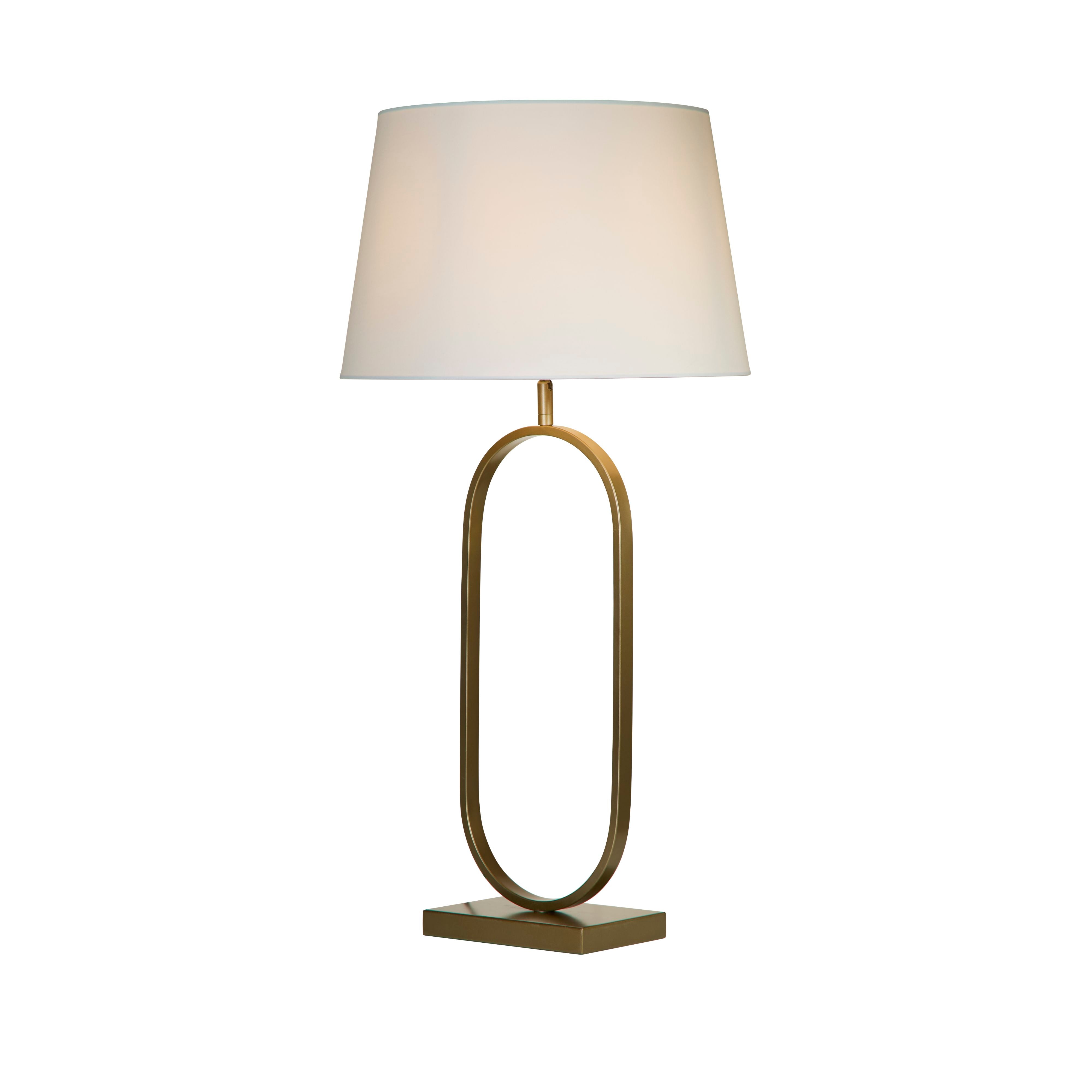 Searchlight Modish table lamp in a bronze finish with a tapered white cotton shade, photographed straight on against a plain white background