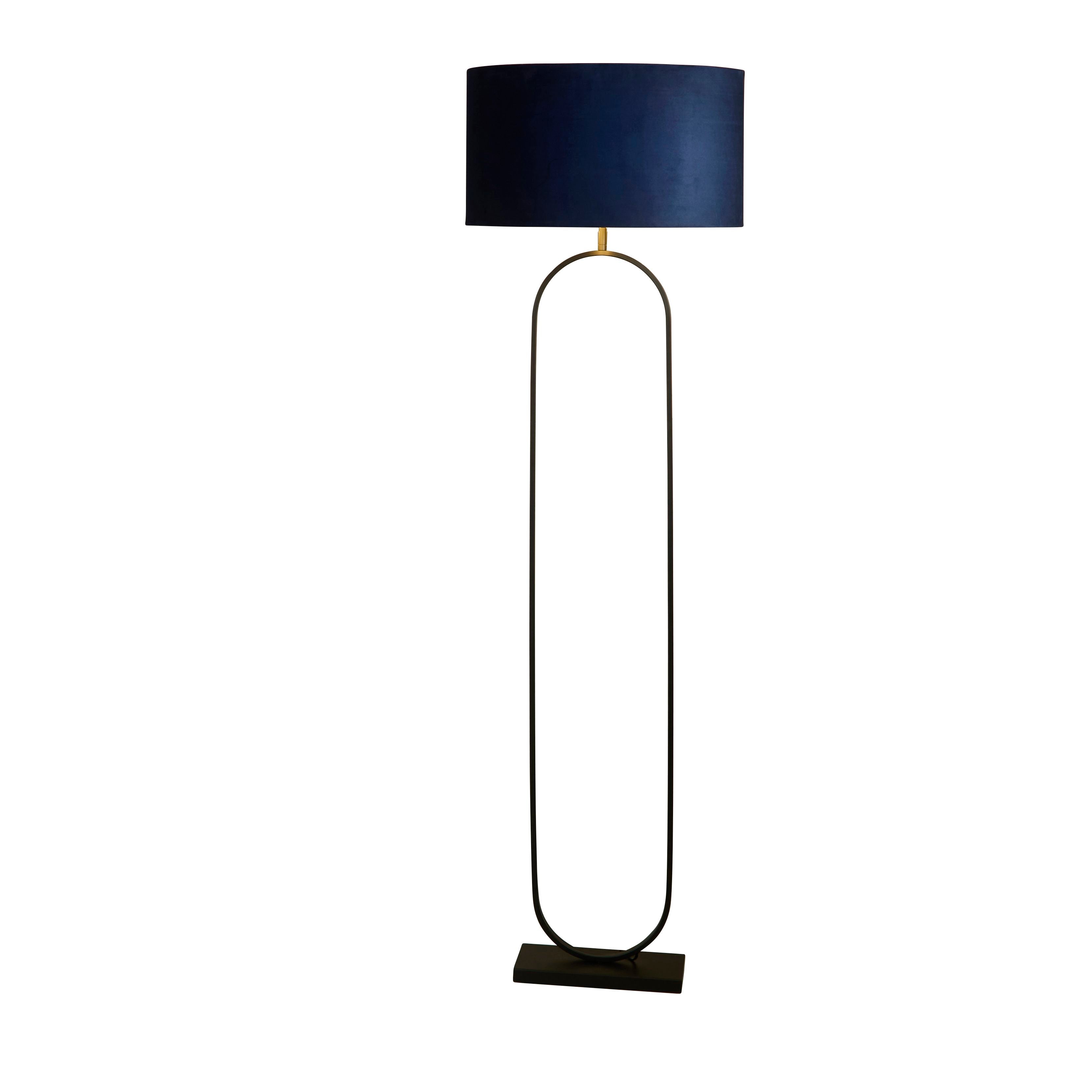 Searchlight Modish floor lamp in black with a navy velvet shade, front view on a white background