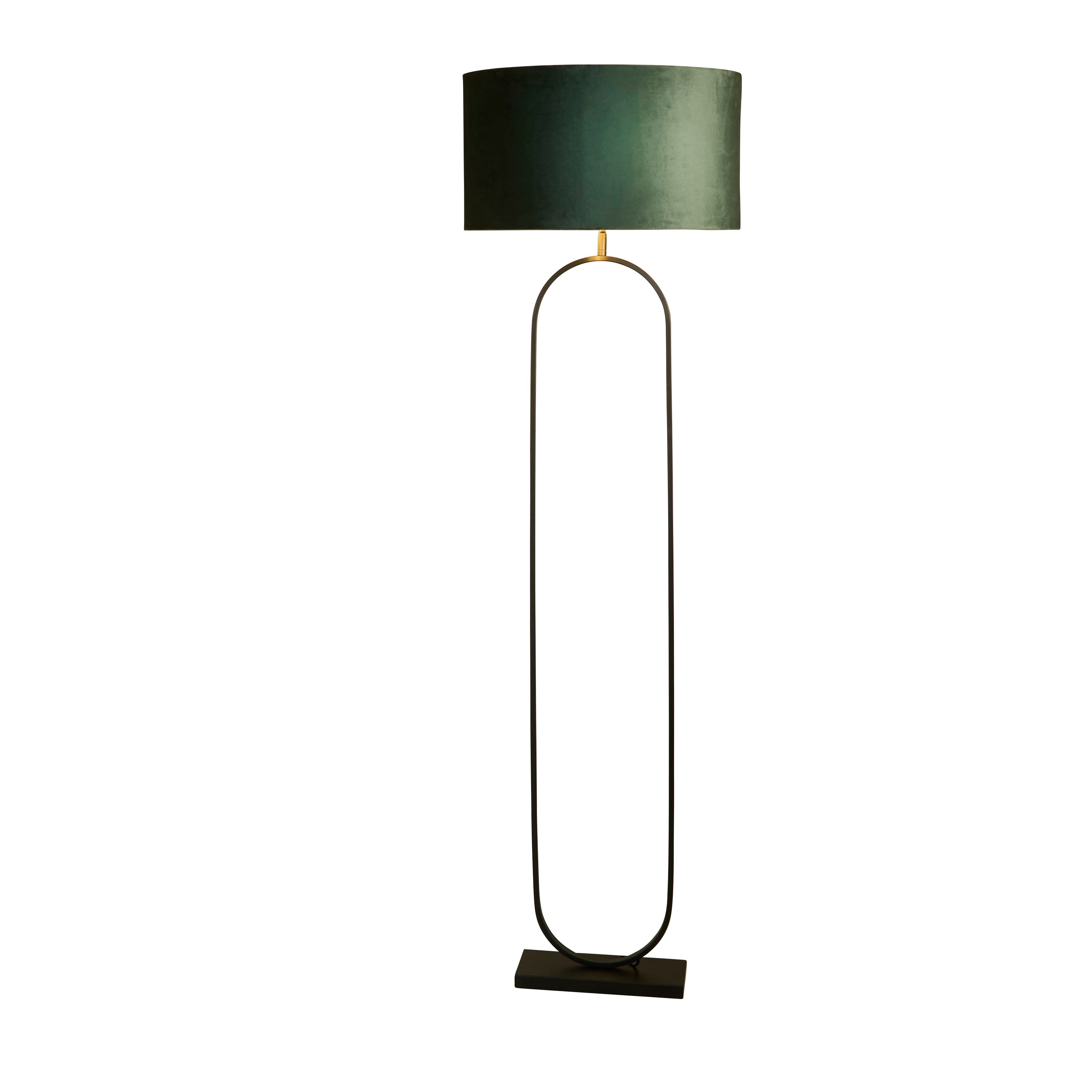 Searchlight Modish floor lamp in matt black metal with a deep green velvet drum shade, studio front view