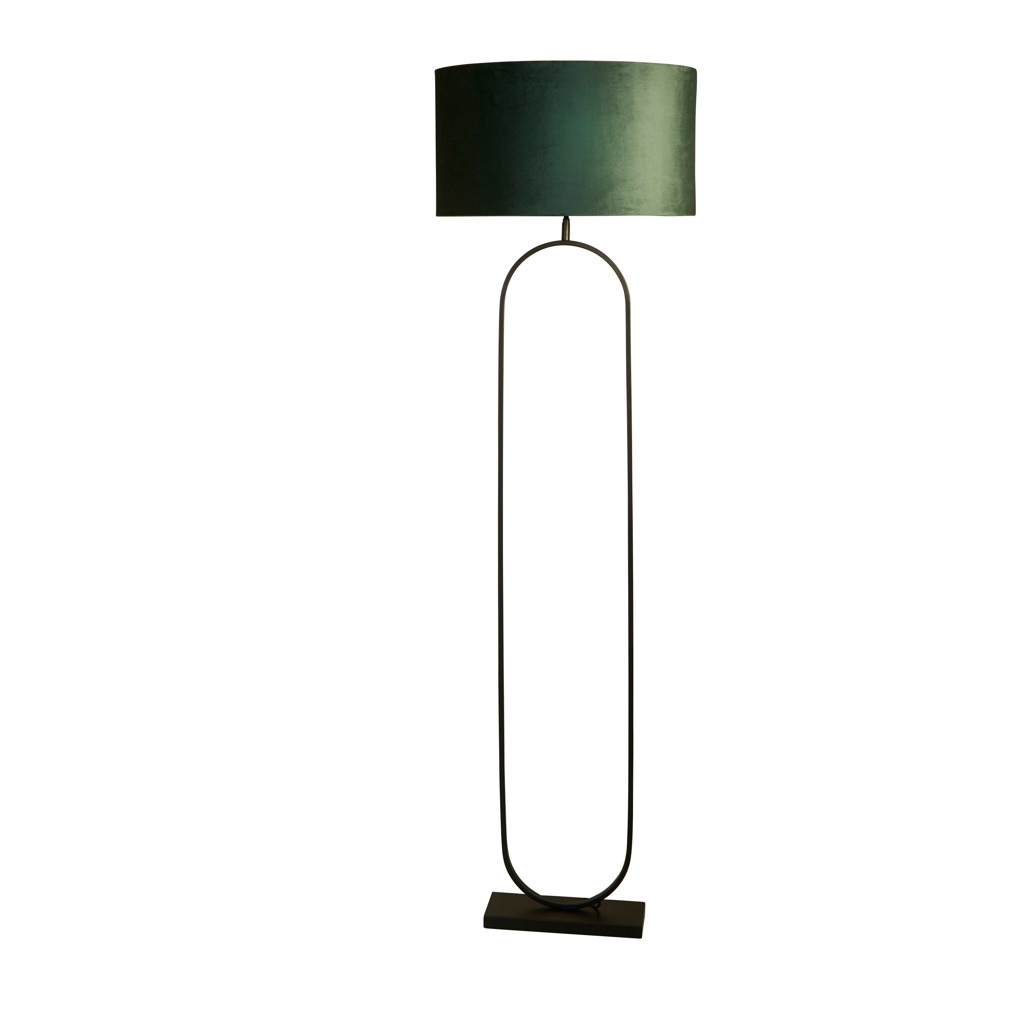 Searchlight Modish floor lamp in matt black metal with a deep green velvet drum shade, studio view 2