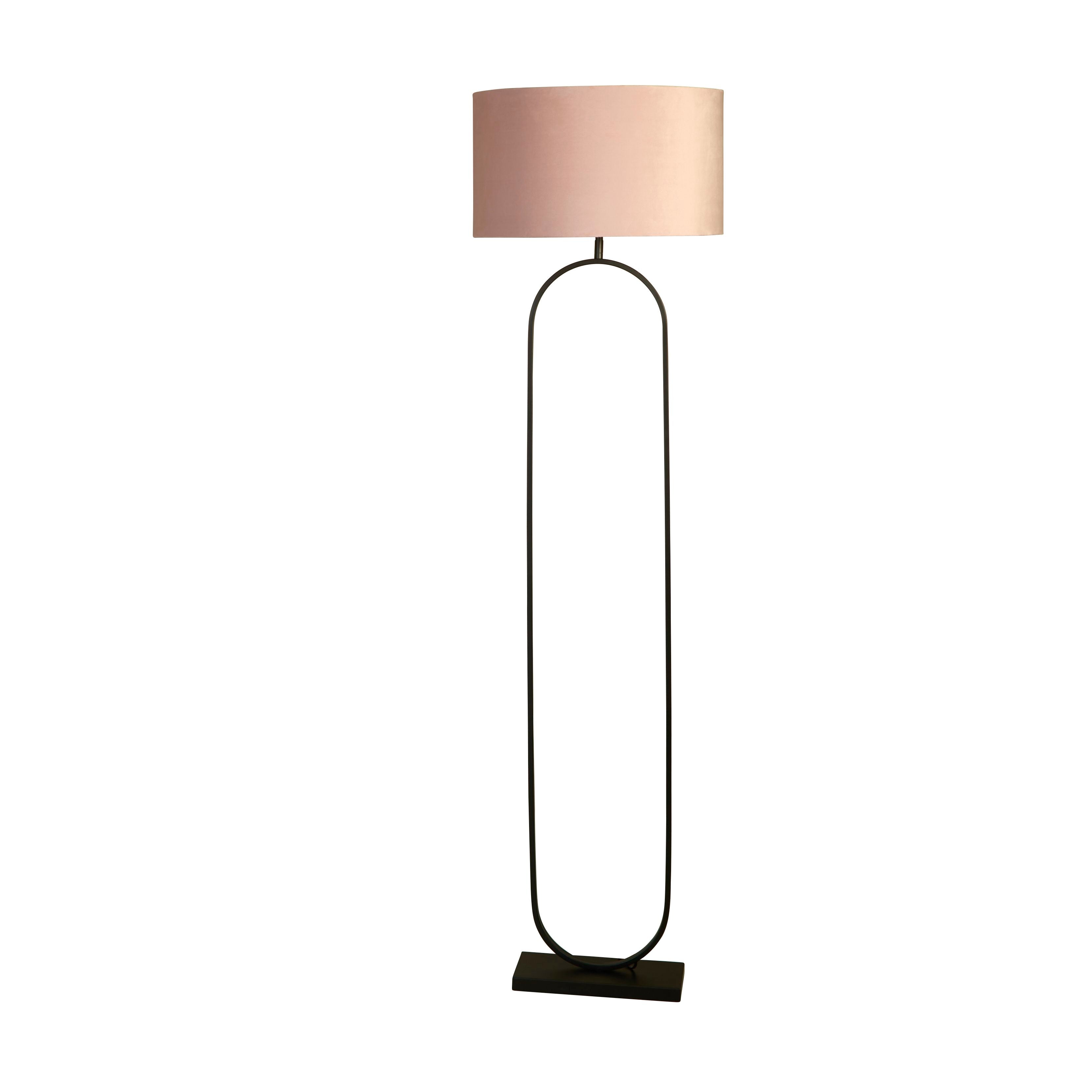 Searchlight Modish floor lamp in matt black metal with a pink velvet drum shade, studio view 2