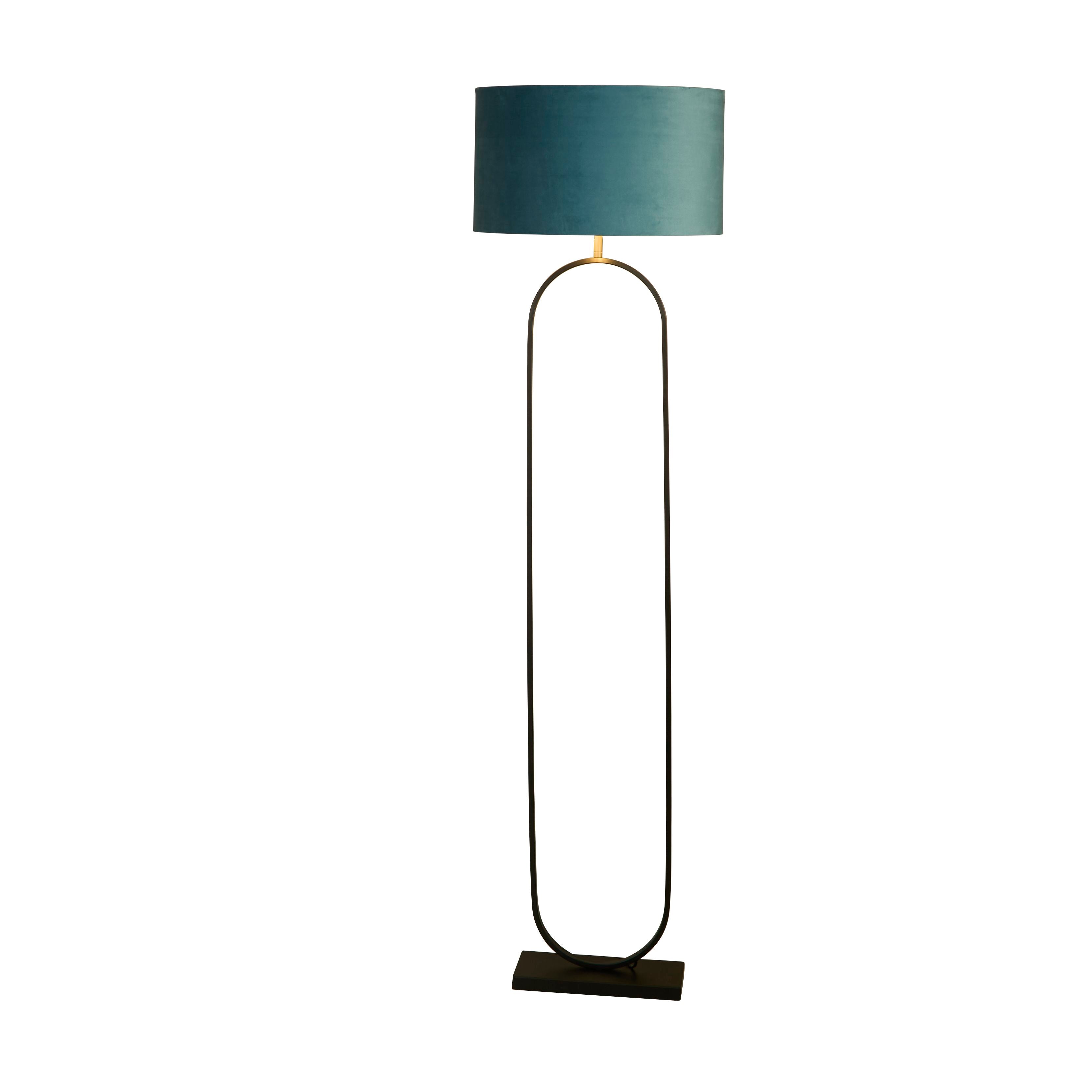 Searchlight Modish floor lamp in matt black metal with a teal velvet drum shade, studio front view