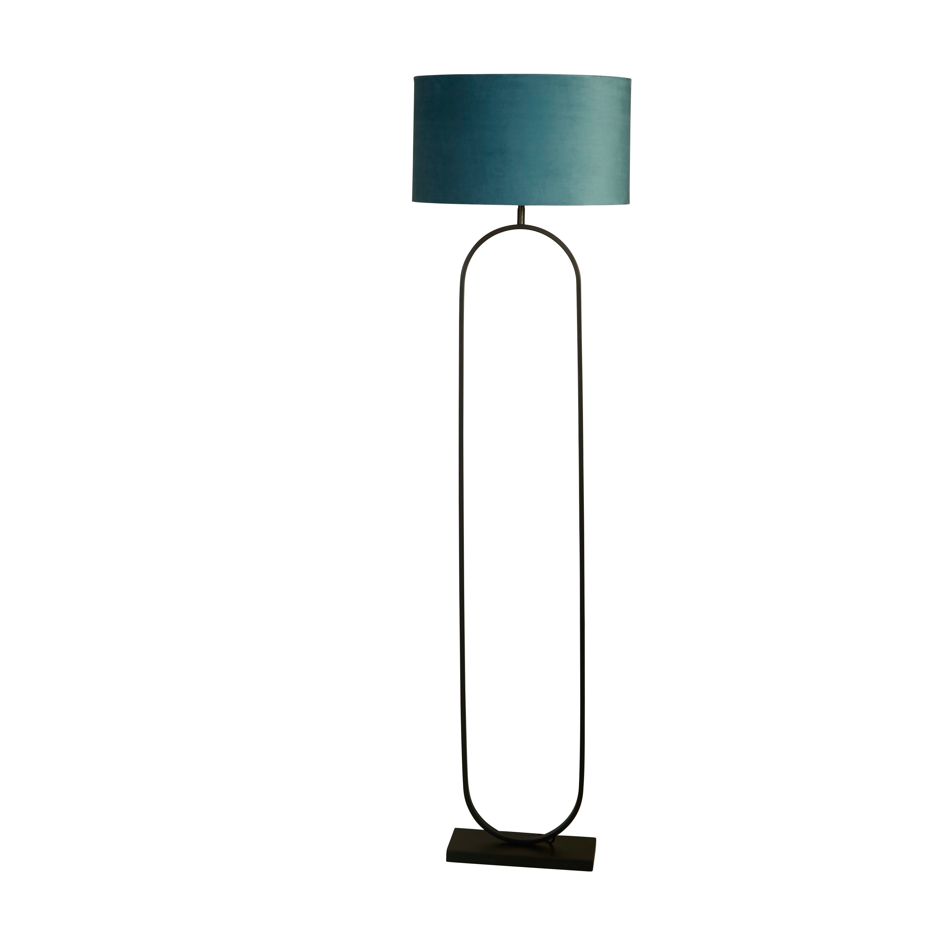 Searchlight Modish floor lamp in matt black metal with a teal velvet drum shade, studio view 2