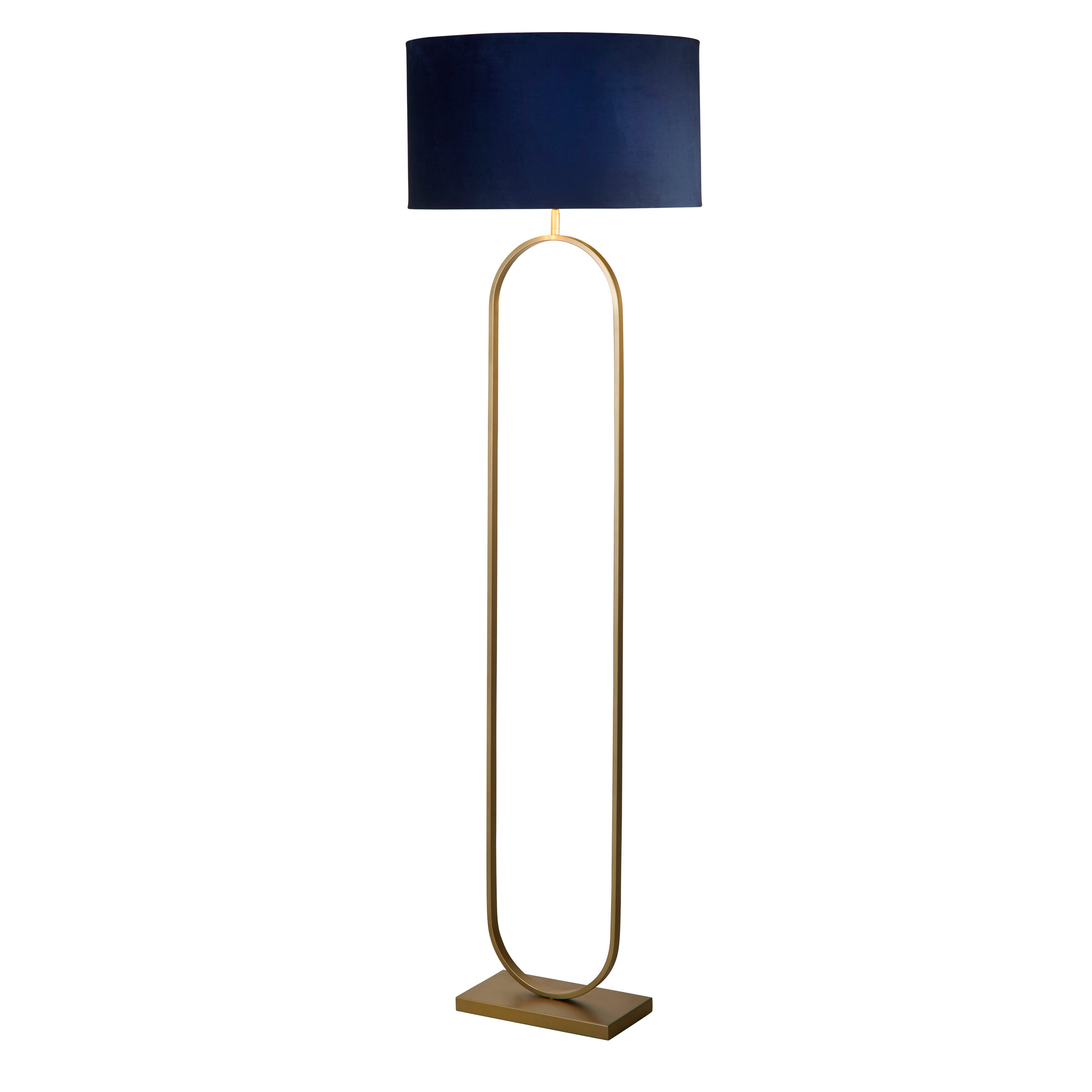 Searchlight Modish floor lamp in bronze metal with a navy velvet drum shade, studio shot on a white background, straight front view