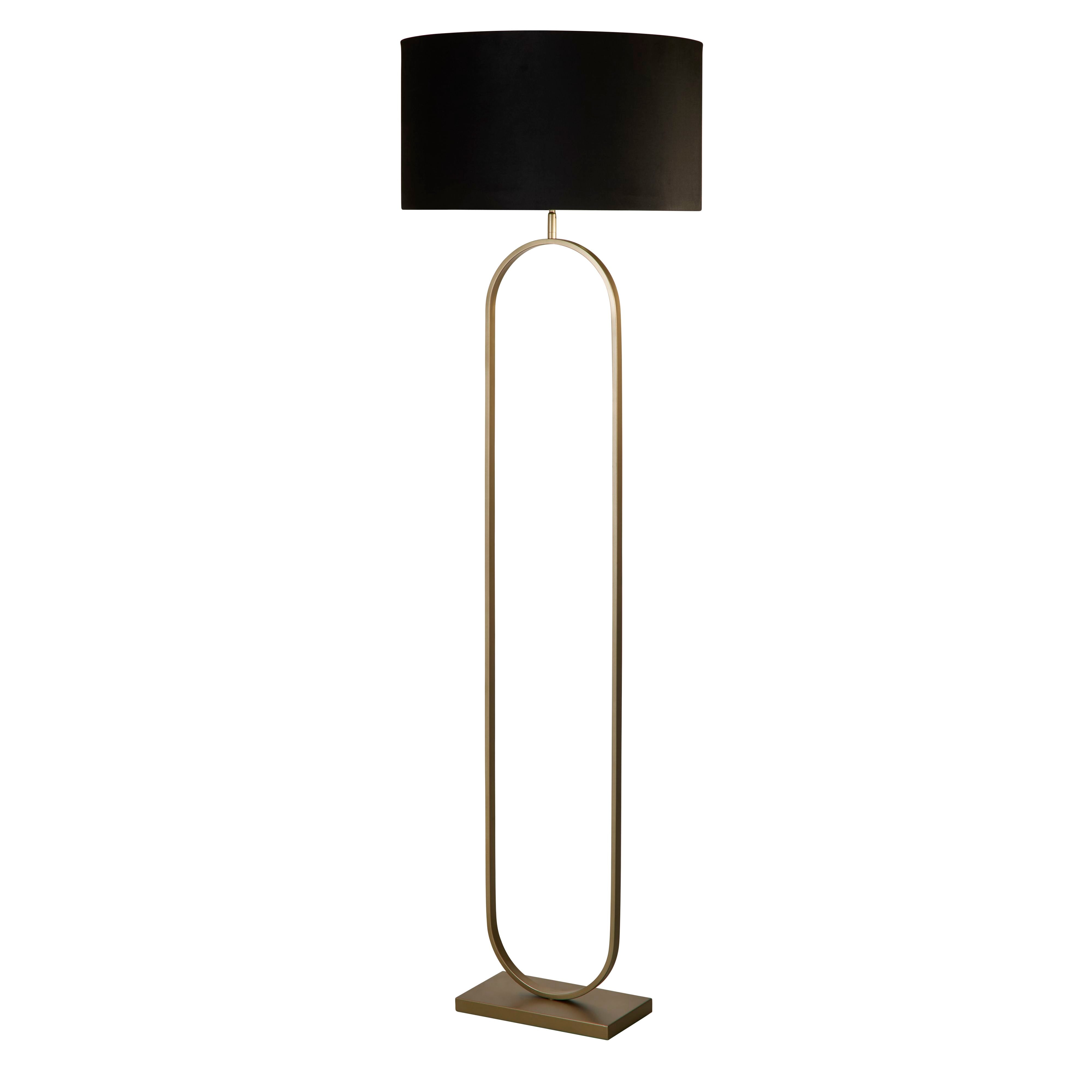 Searchlight Modish floor lamp in bronze metal with a black velvet drum shade, studio shot on a white background, slightly angled front view