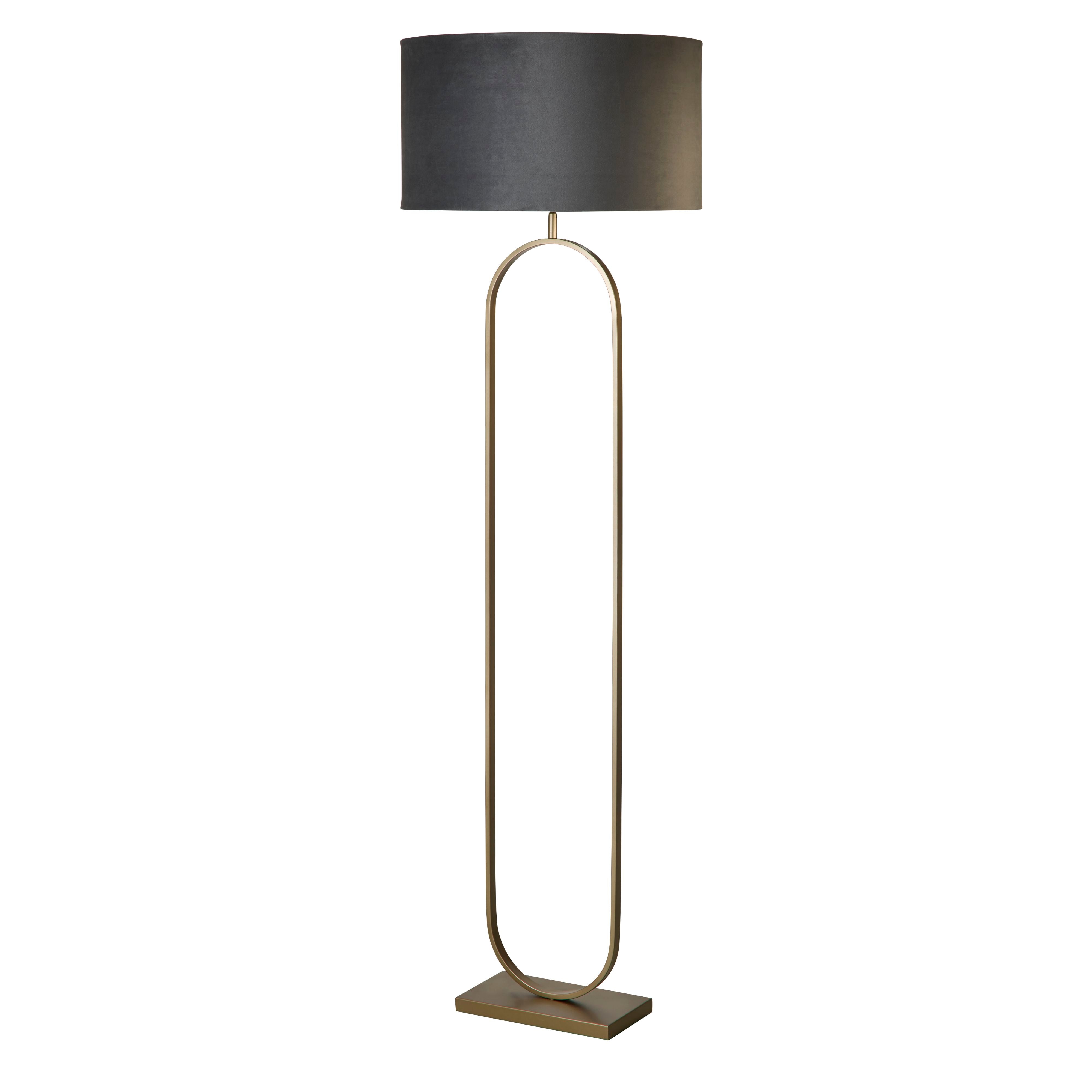 Searchlight Modish floor lamp in bronze metal with a dark charcoal grey velvet drum shade, studio shot on a white background, slightly angled front view