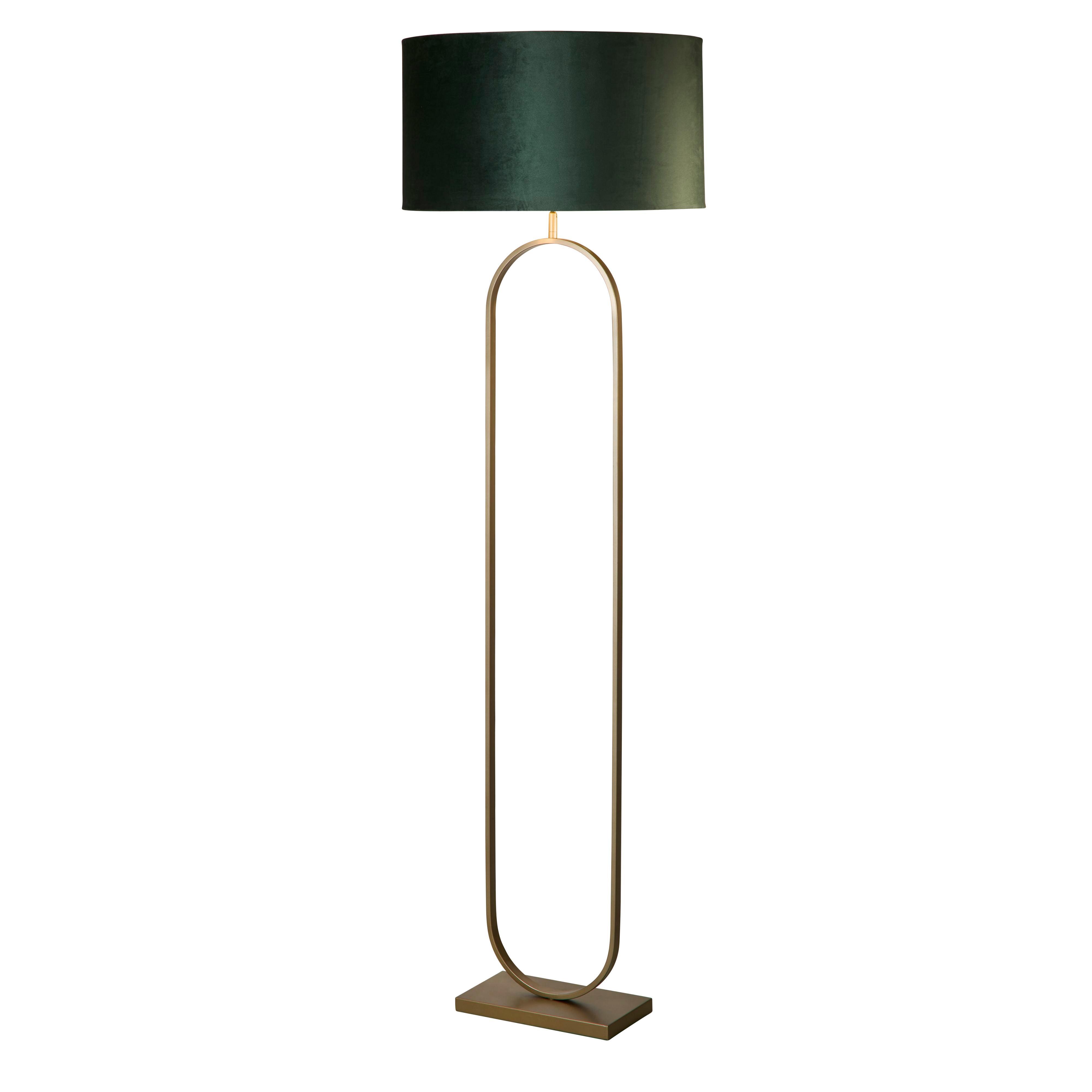 Searchlight Modish floor lamp in bronze metal with a deep forest green velvet drum shade, studio shot on a white background, straight front view