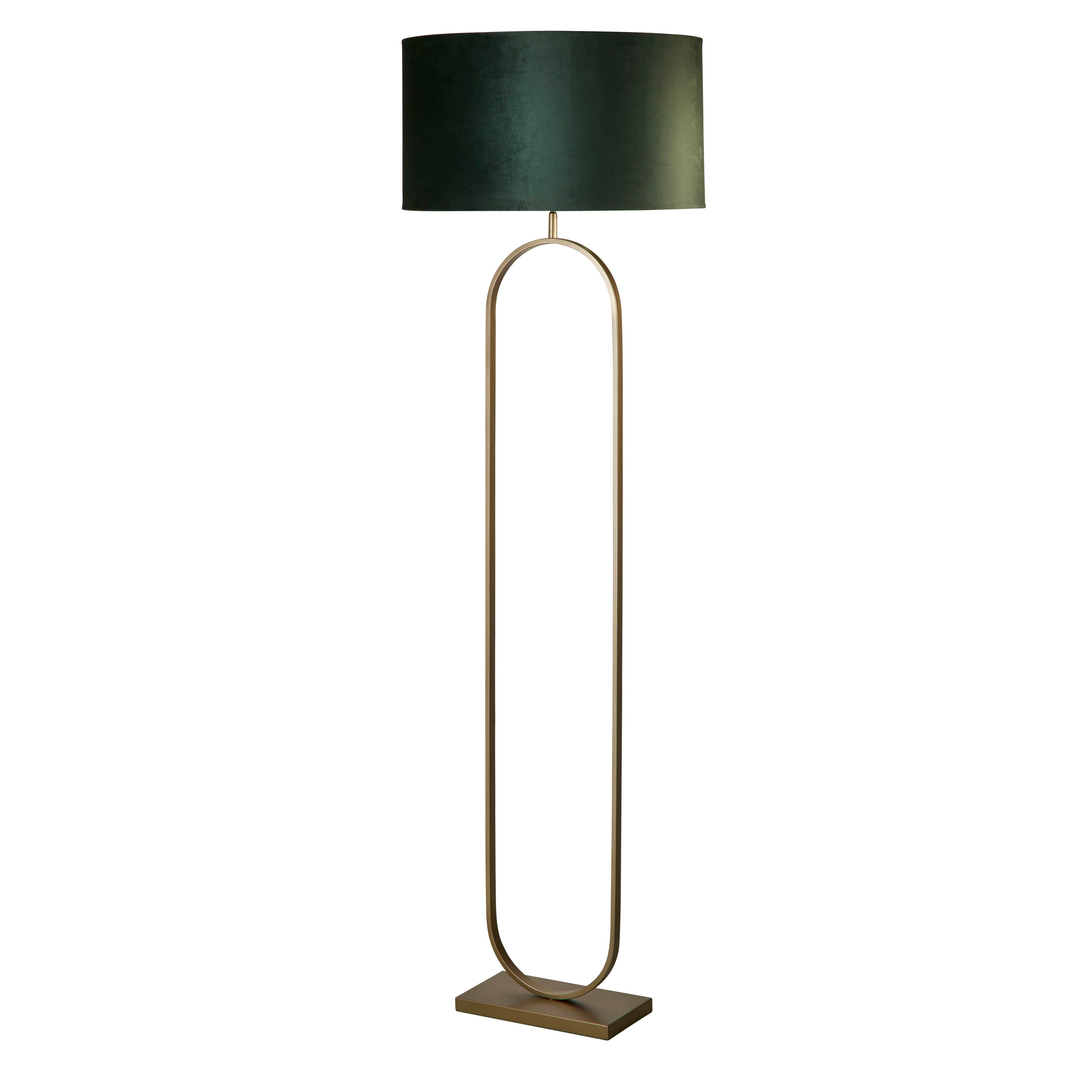 Searchlight Modish floor lamp in bronze metal with a deep forest green velvet drum shade, studio shot on a white background, slightly angled front view