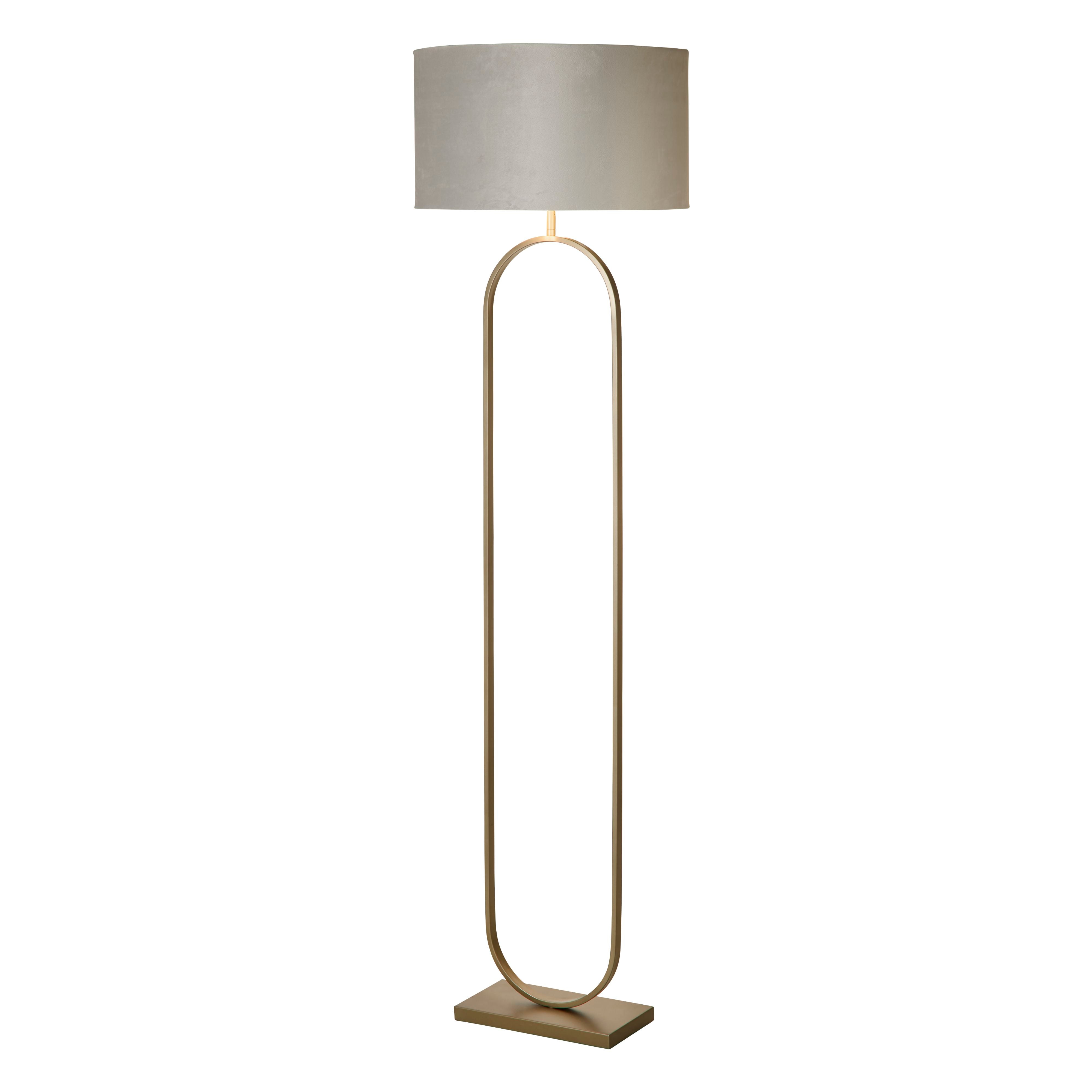 Searchlight Modish floor lamp in bronze metal with a light grey velvet drum shade, studio shot on a white background, straight front view