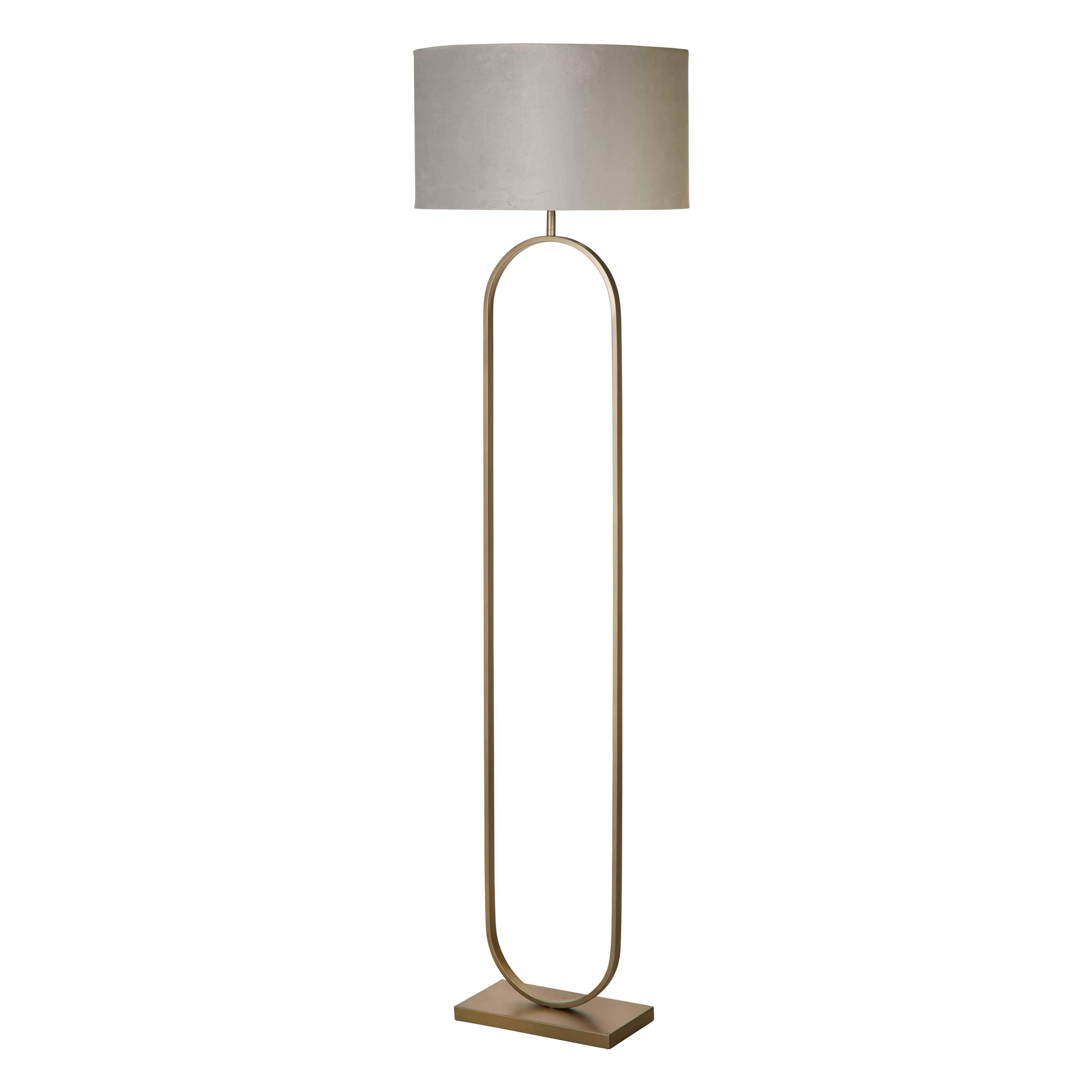 Searchlight Modish floor lamp in bronze metal with a light grey velvet drum shade, studio shot on a white background, slightly angled front view