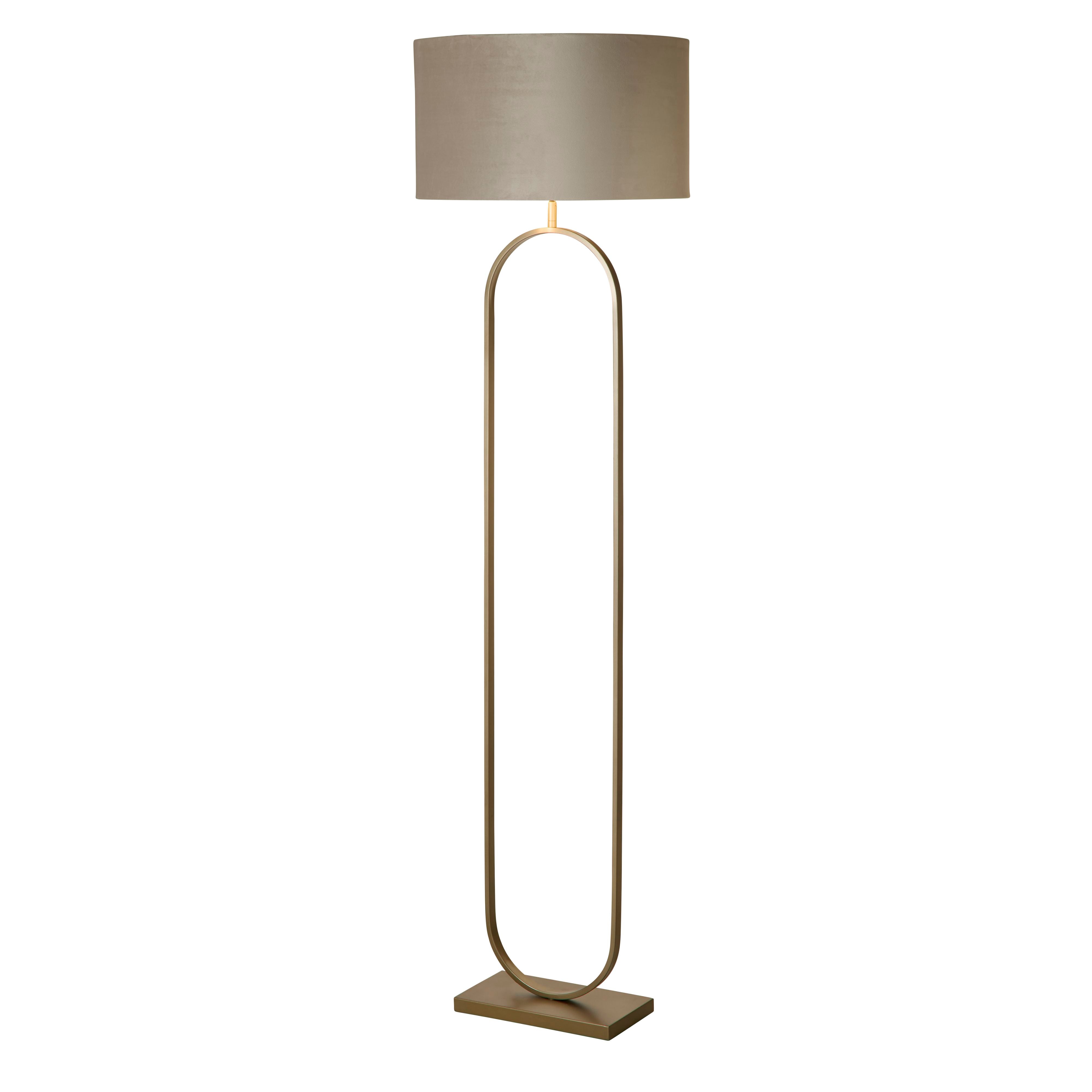 Searchlight Modish floor lamp in bronze with a taupe velvet shade, front view on a plain white background