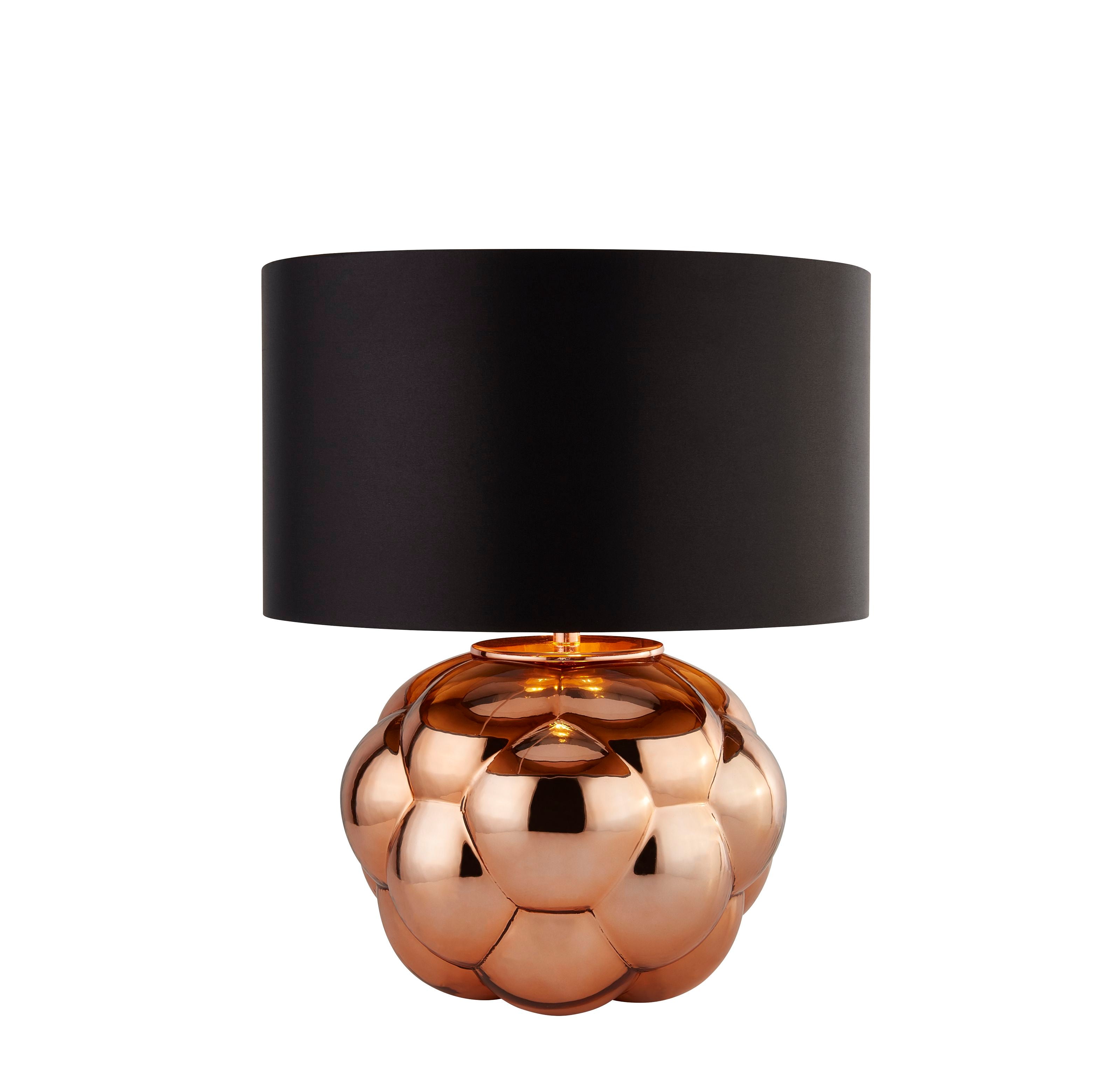 Searchlight Fizz table lamp with a bubbled copper glass base and black faux silk shade, studio shot on a white background, front view