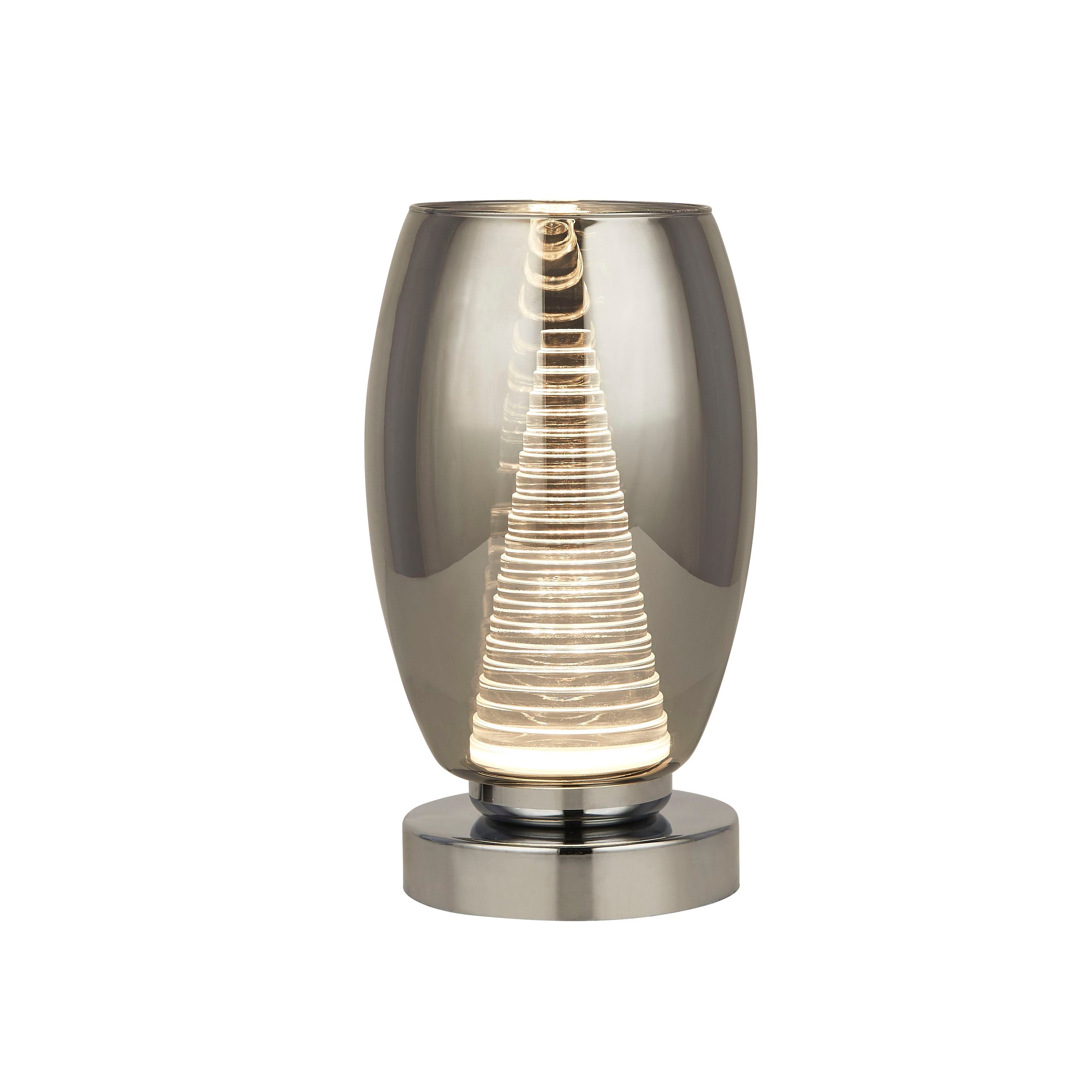 Searchlight Cyclone table lamp in chrome and smoked glass, studio shot showing the illuminated ribbed acrylic cone through the tinted shade