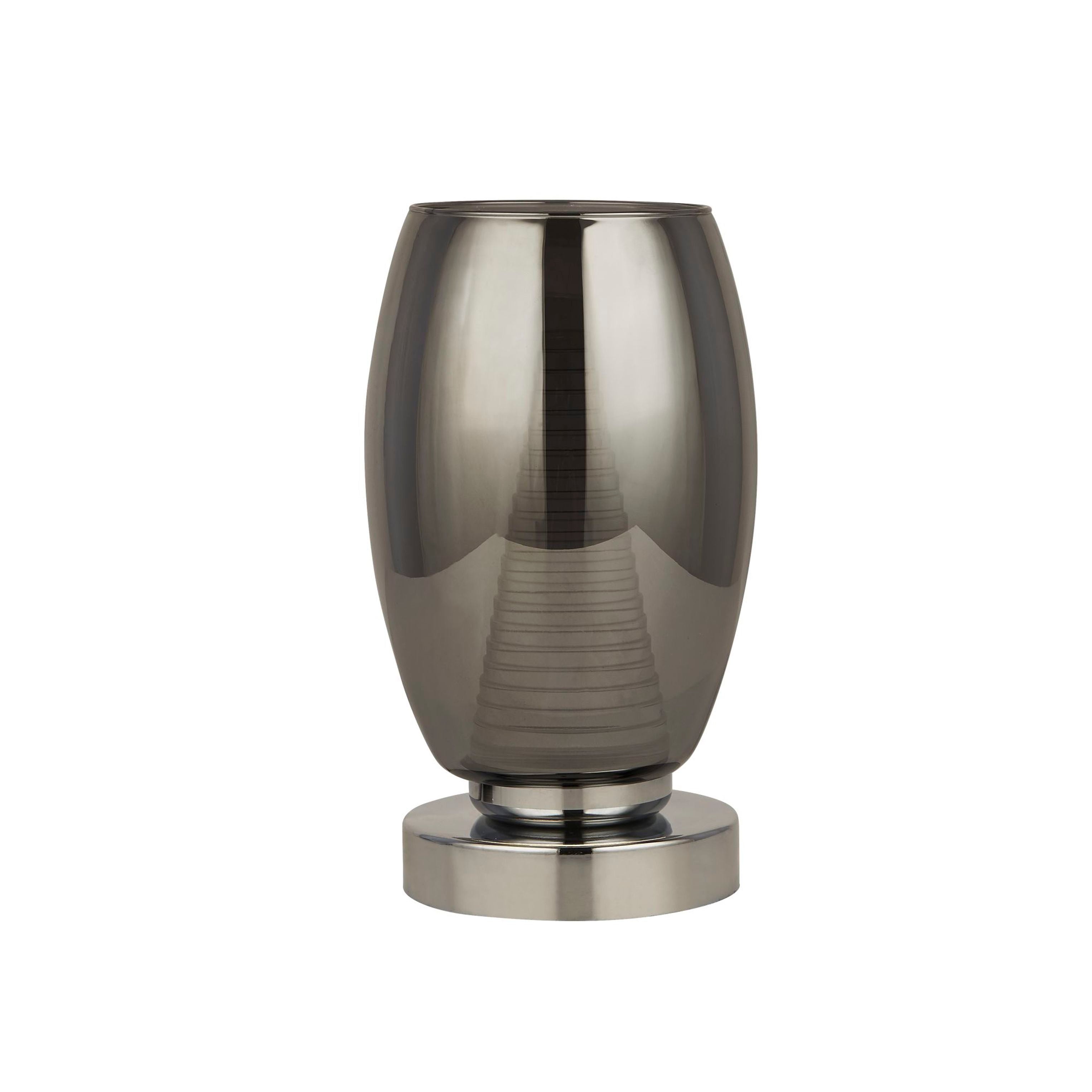 Searchlight Cyclone table lamp in chrome and smoked glass, angled studio view showing the smoked glass shade's curve and reflections