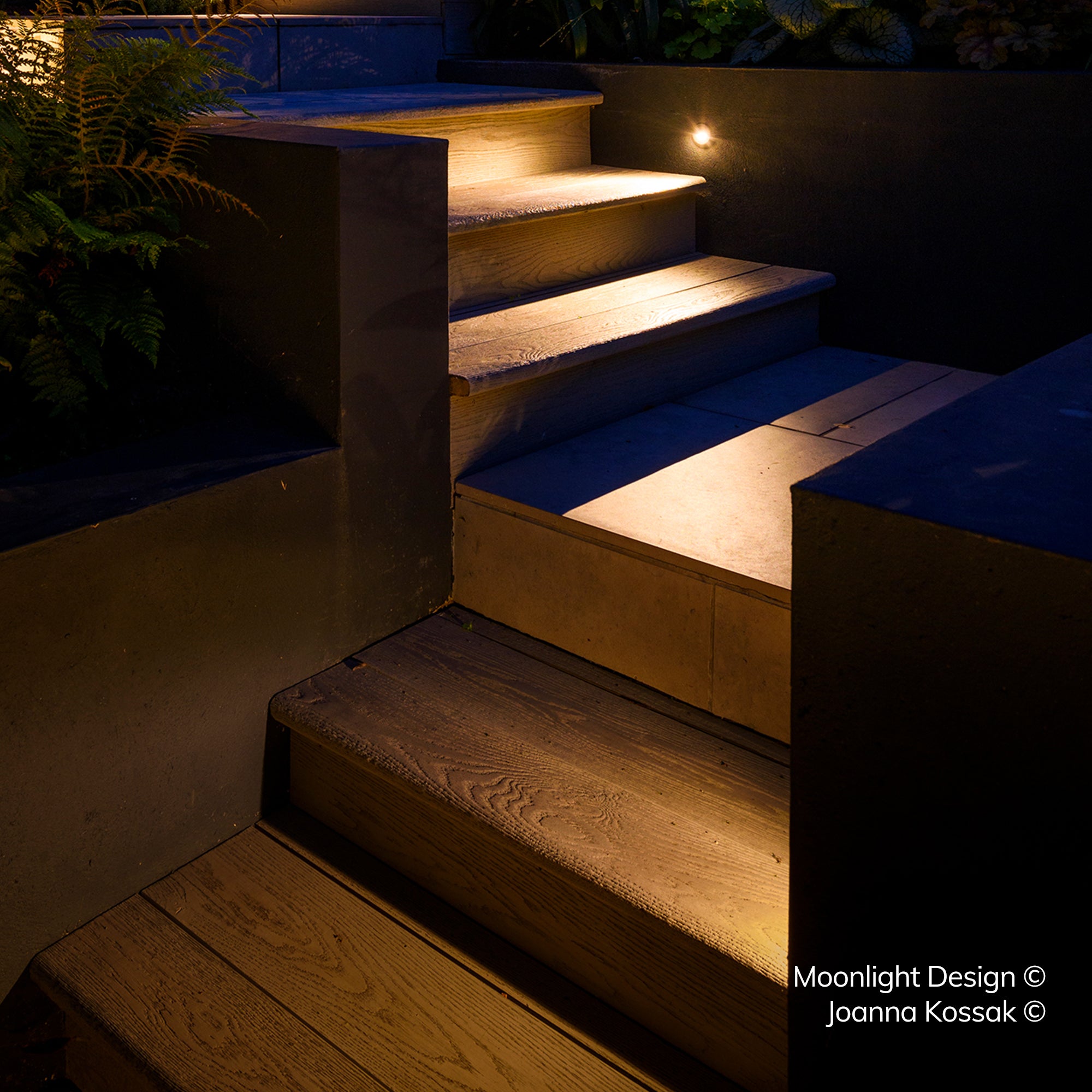 A Hunza Euro eyelid light recessed into a stone wall at the base of garden steps, lighting the tread below at night. A Moonlight Design installation, not stock imagery.