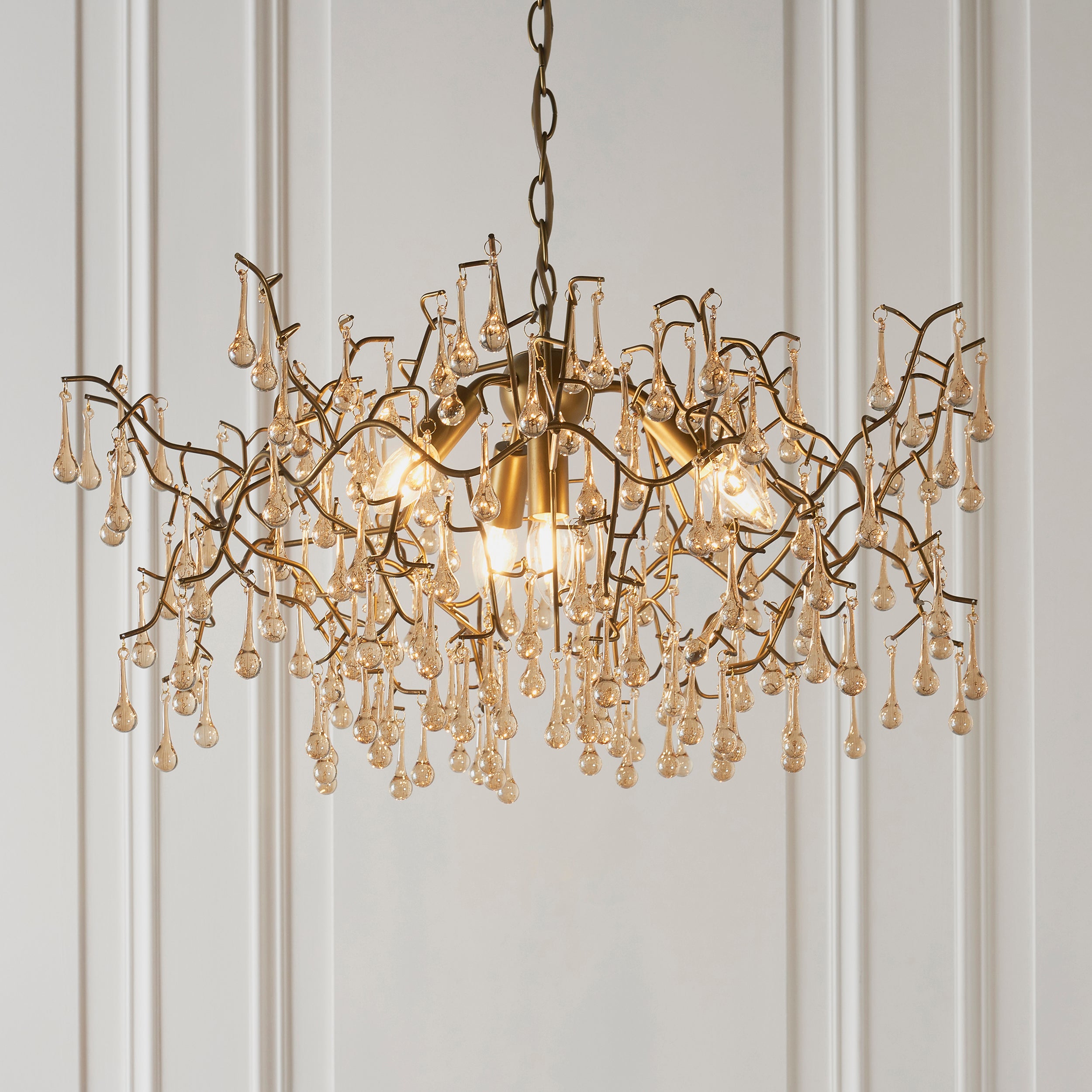 Utopia Drip 4 Light Pendant Chandelier - Aged Gold With Champagne Tinted Glass - 75cm Diameter